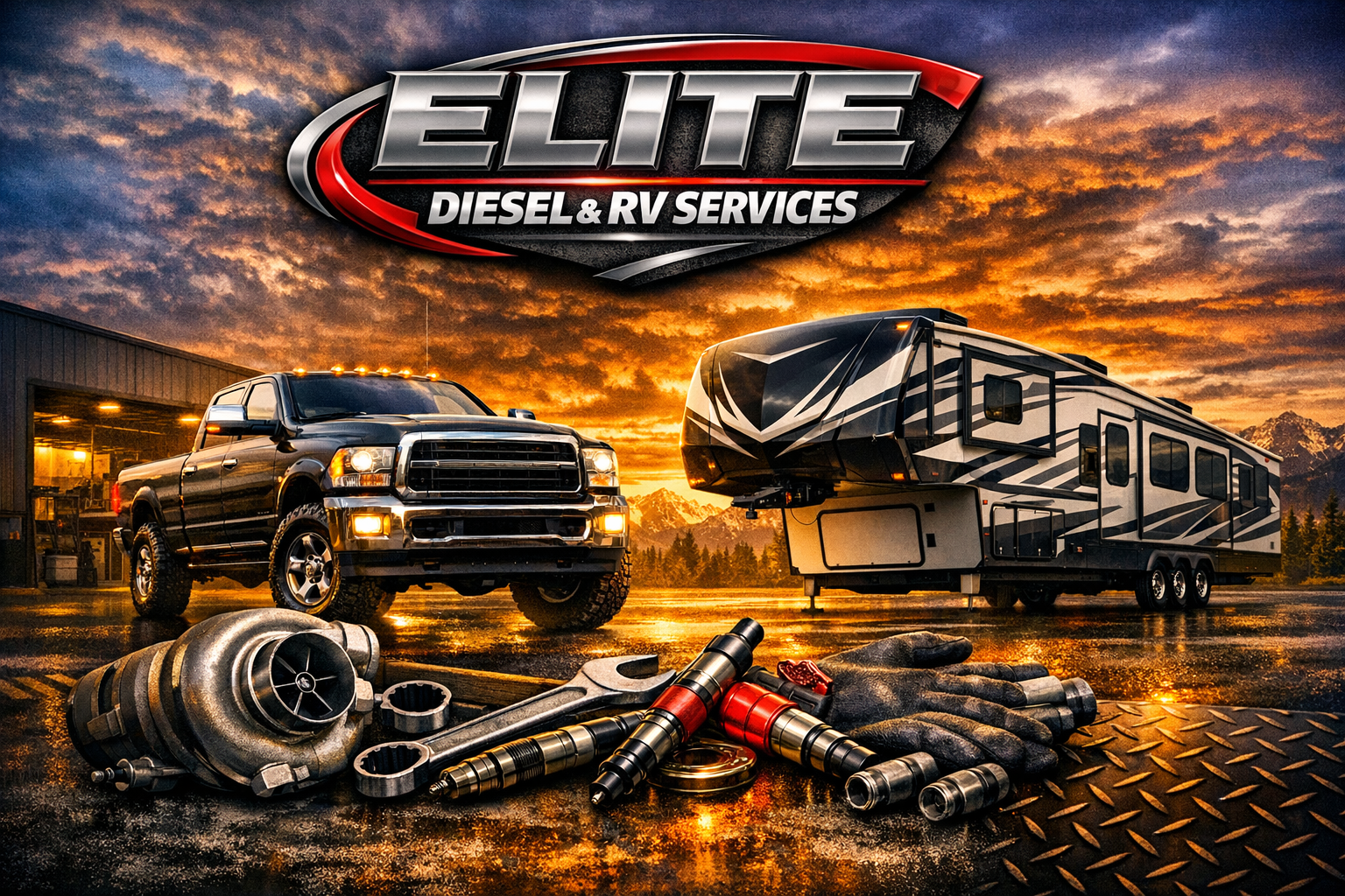 A black pickup truck and a large black and gray RV parked outdoors at sunset, with a mountain range in the background, a large engine turbocharger and tools on the ground in the foreground, and a sign for Elite Diesel & RV Services above.