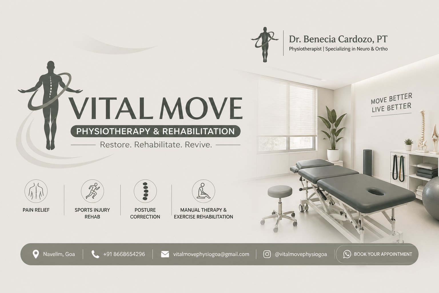 Vital Move Physiotherapy & Rehabilitation clinic in Navelim Goa for back pain, neck pain, sports injury treatment, physiotherapy, rehabilitation, joint pain and pain relief therapy