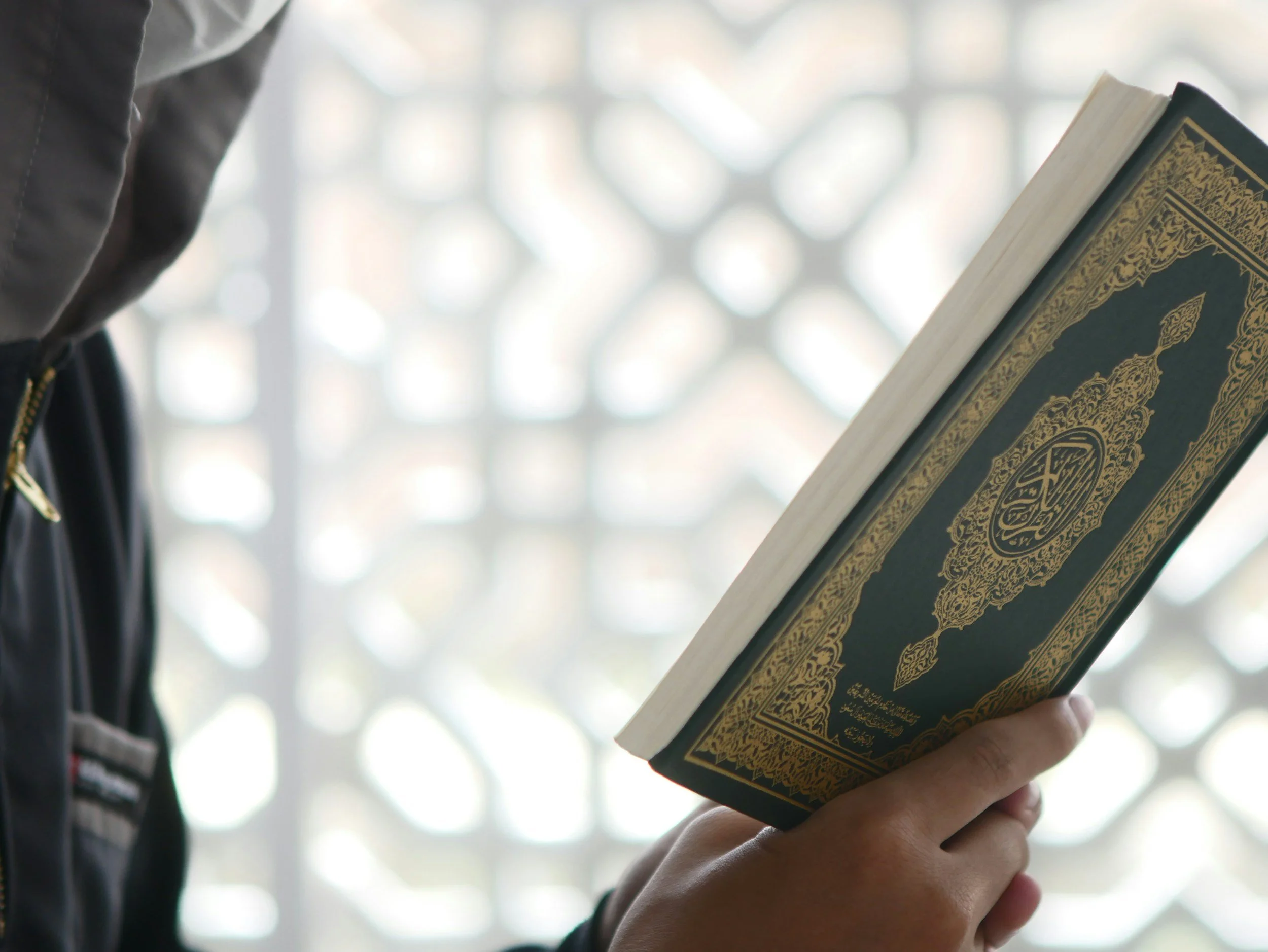 Person holding a book with ornate gold design on the cover, partially visible in the image.
