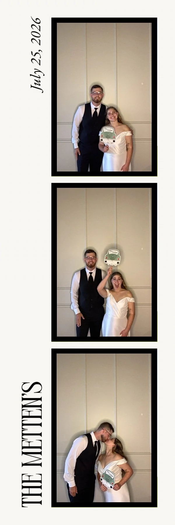 Three photos from a wedding date on July 25, 2026. The first photo shows a man and woman smiling and standing close together, the woman is holding a sign that says 'We Do.' The second photo shows the same couple, with the man holding a sign of a van and the woman enthusiastically pointing at it. The third photo shows the couple kissing, with the man leaning down to kiss the woman on the lips.