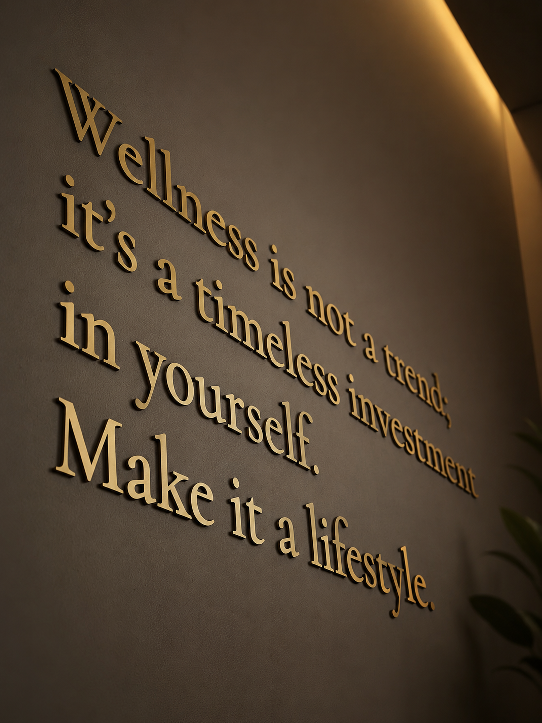 A wall with a motivational quote in 3D beige letters. The quote reads: "Wellness is not a trend; it's a timeless investment in yourself. Make it a lifestyle." The wall has a smooth, dark surface with soft lighting from the top right corner.