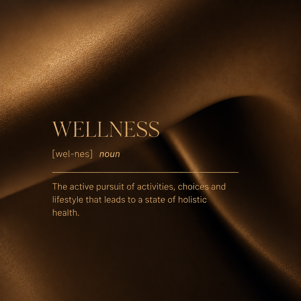 Close-up of a golden fabric with the word "WELLNESS" and its definition, emphasizing holistic health through active lifestyle choices.