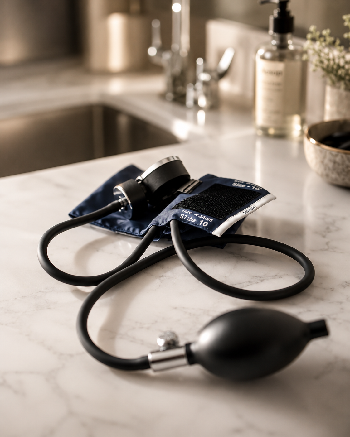 A blood pressure cuff with a stethoscope on a white marble countertop in a kitchen or bathroom setting.
