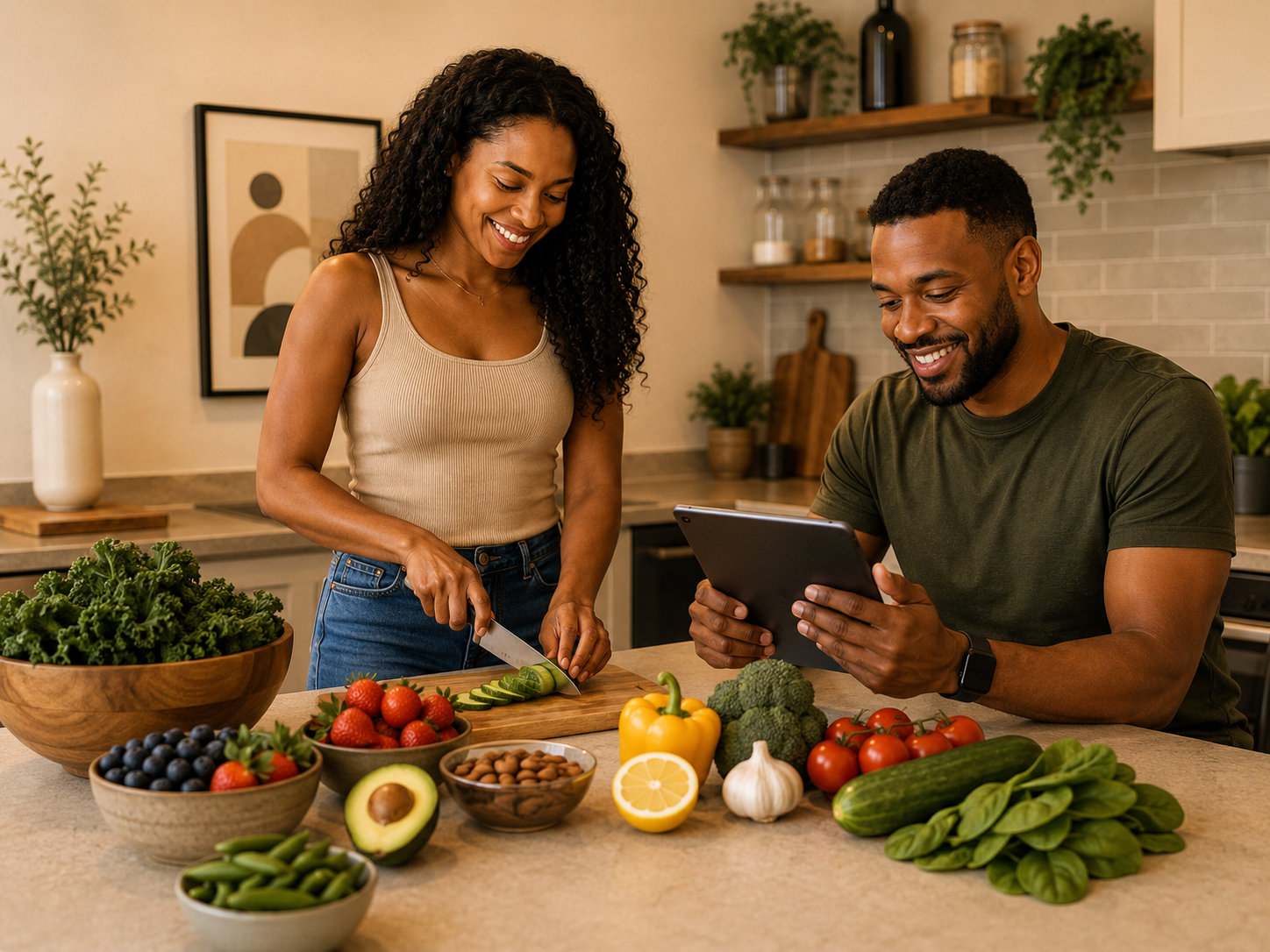 A woman and a man in a kitchen preparing vegetables and fruits, with the woman slicing cucumbers and the man smiling at a tablet.