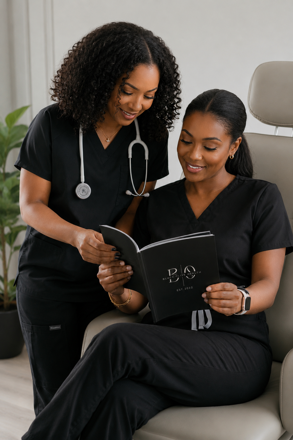 Two women in black scrubs, one standing and the other sitting, looking at a booklet titled 'Black Olive & Health' while smiling, in a medical office setting.