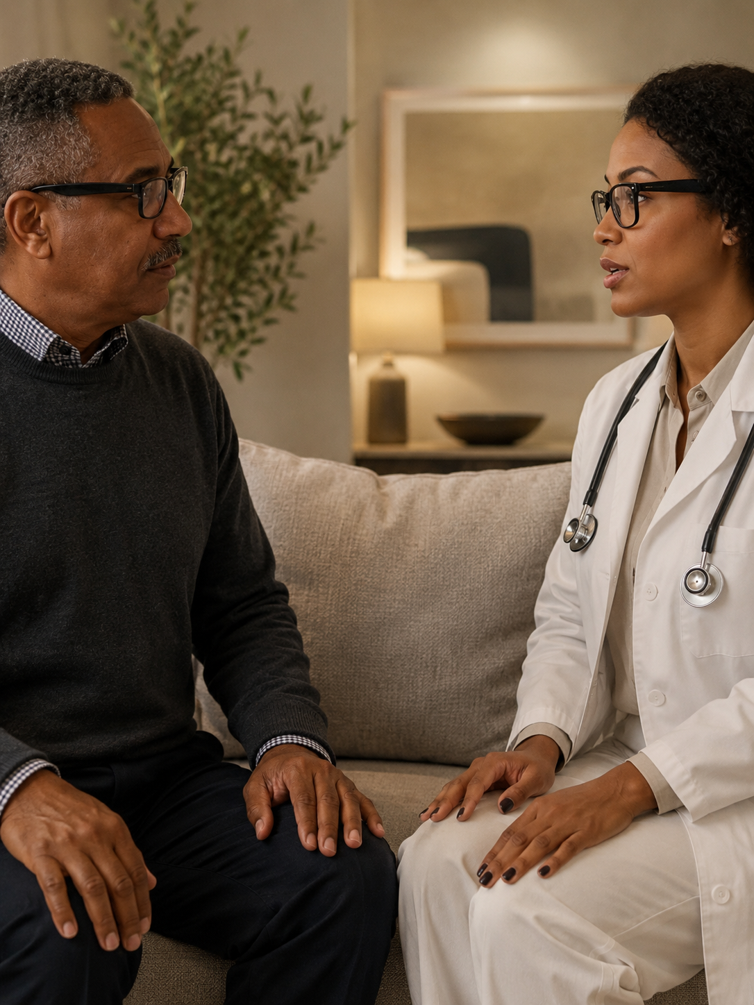 A doctor and a patient having a conversation in a medical office.