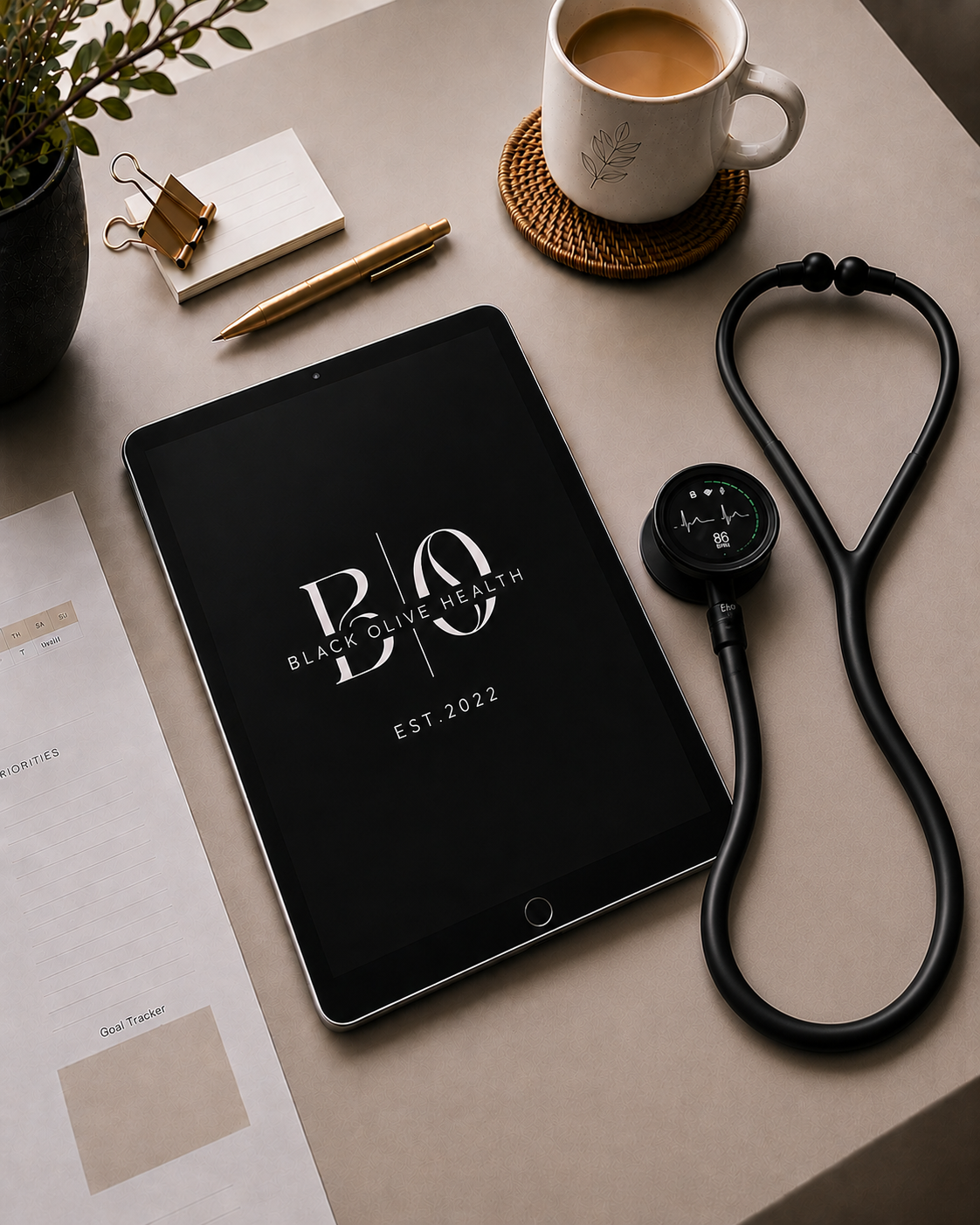 A tablet displaying the text 'Black Olive Health' with a stethoscope and a cup of coffee on a desk, alongside a notepad, a gold pen, and some papers.
