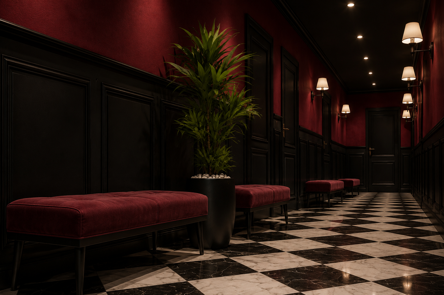 Elegant hotel lobby hallway with red velvet benches, black wainscoting, red walls, black and white checkered marble floor, and wall-mounted lamps.