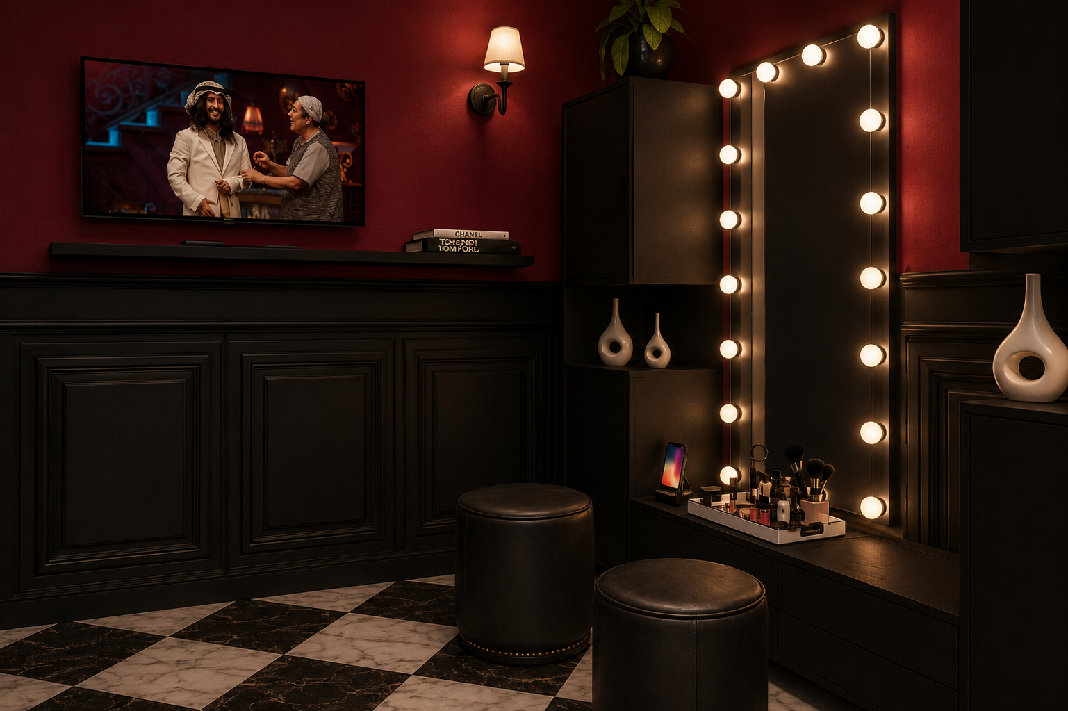 A dimly lit room with black cabinetry, white vases, and a large mirror with round light bulbs. A television displays two women talking, and makeup brushes sit on a tray. The room has a checkered marble floor.