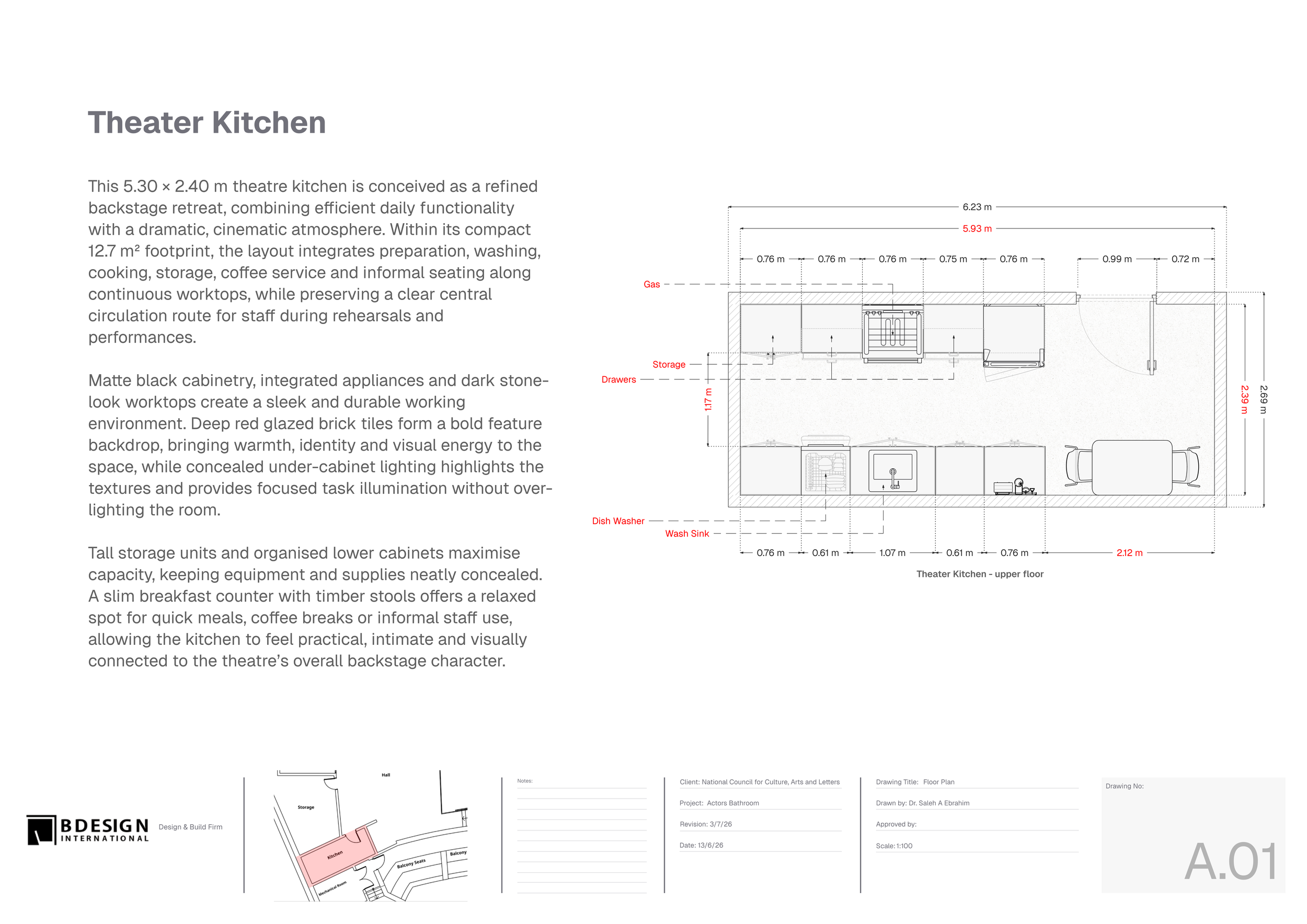 A detailed floor plan of a theater kitchen and backstage area, including measurements and labeled sections for gas, storage, drawers, dish washer, and wash sink.