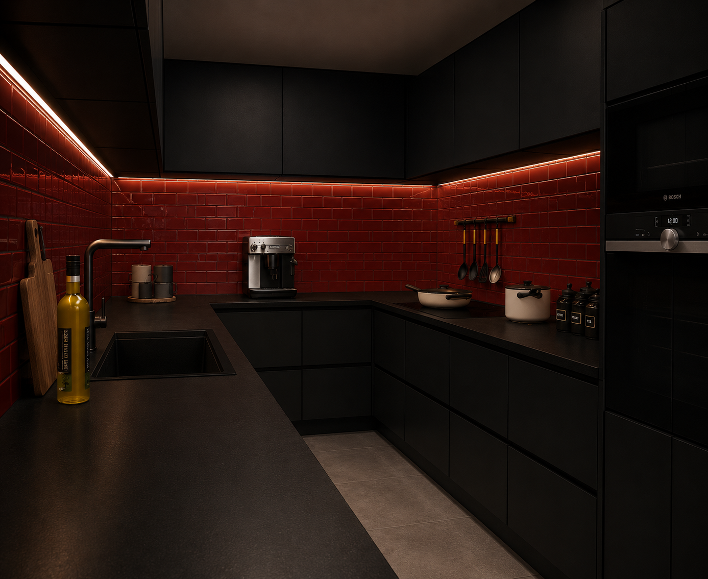 Modern kitchen with black cabinets, red brick backsplash, and matching black countertop. The kitchen contains a coffee machine, cutting boards, bottles, and cookware, with under-cabinet lighting.