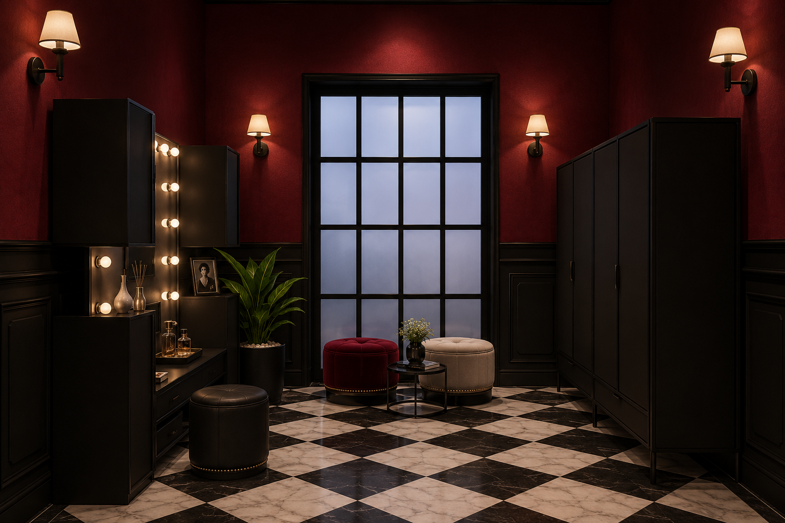 A stylish dressing room with red walls, black cabinets, a checkered marble floor, and a large window with frosted glass. There are four wall-mounted lamps, a vanity with lights, and two round ottomans, one red and one beige, with a small black side table holding a flower arrangement.