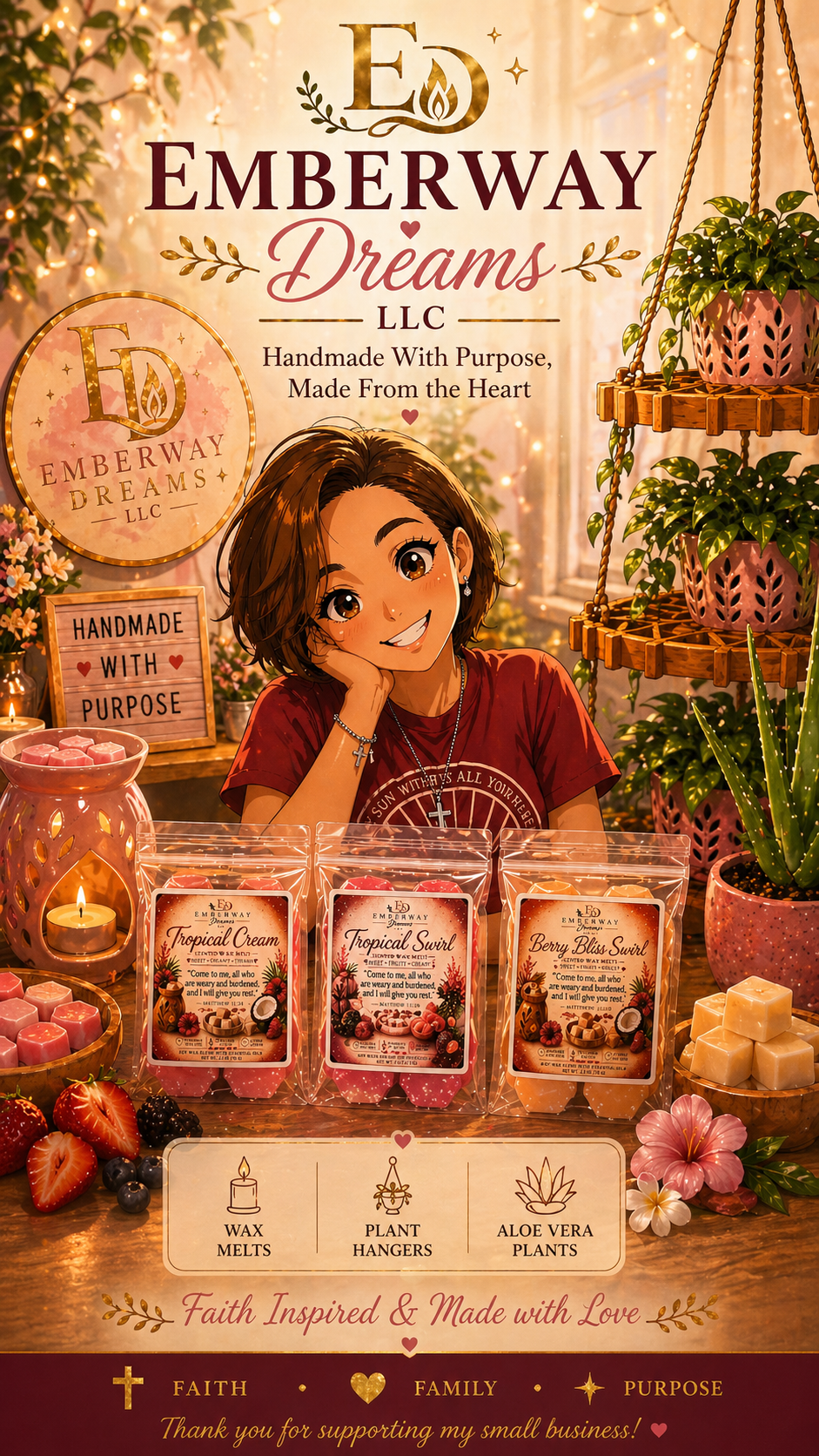 A colorful display for Emberway Dreams LLC featuring handmade candles and plant decor. The background showcases a woman with short brown hair smiling, surrounded by candles, plants, and decorative signs. The business emphasizes faith, love, family, and purpose.