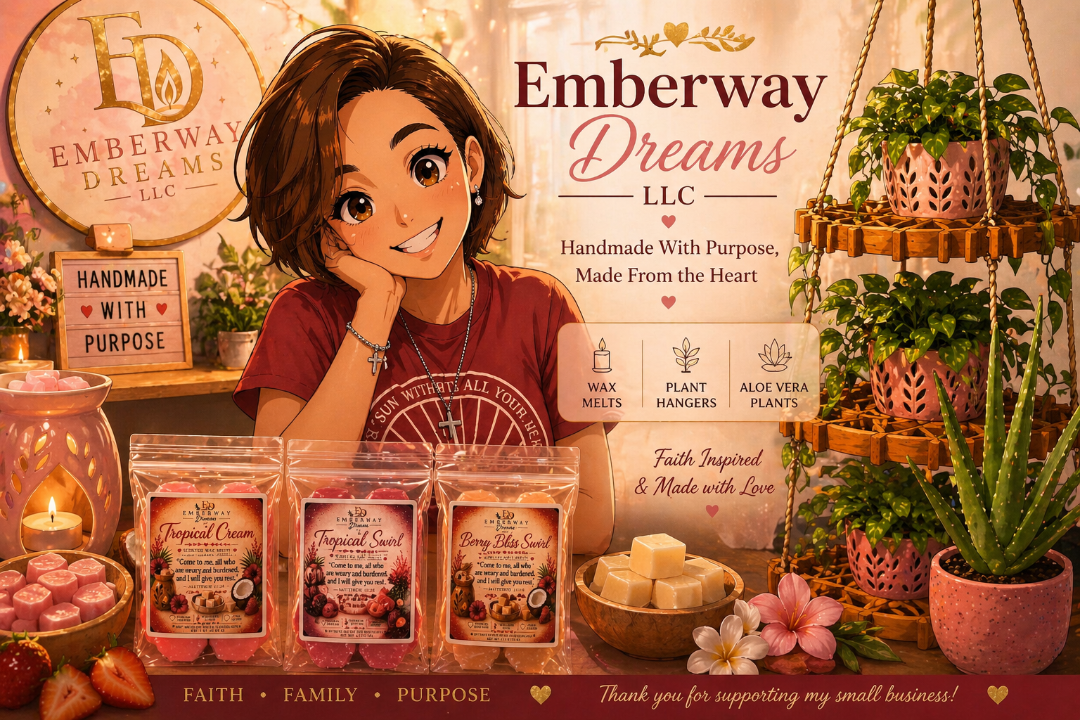 An illustration of a woman at the Emberway Dreams LLC booth, which sells handmade products like wax melts, plant hangers, and aloe vera plants. The booth is decorated with pink and peach tones, candles, and potted plants, with signs including "Handmade with Purpose" and descriptions of products.
