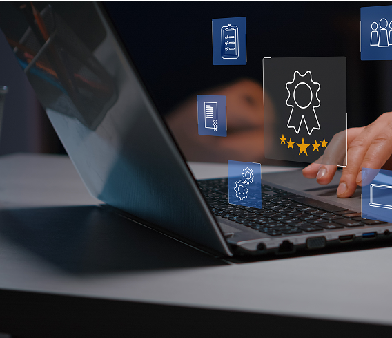 A person using a laptop with floating icons representing achievement, settings, document, and group functions.