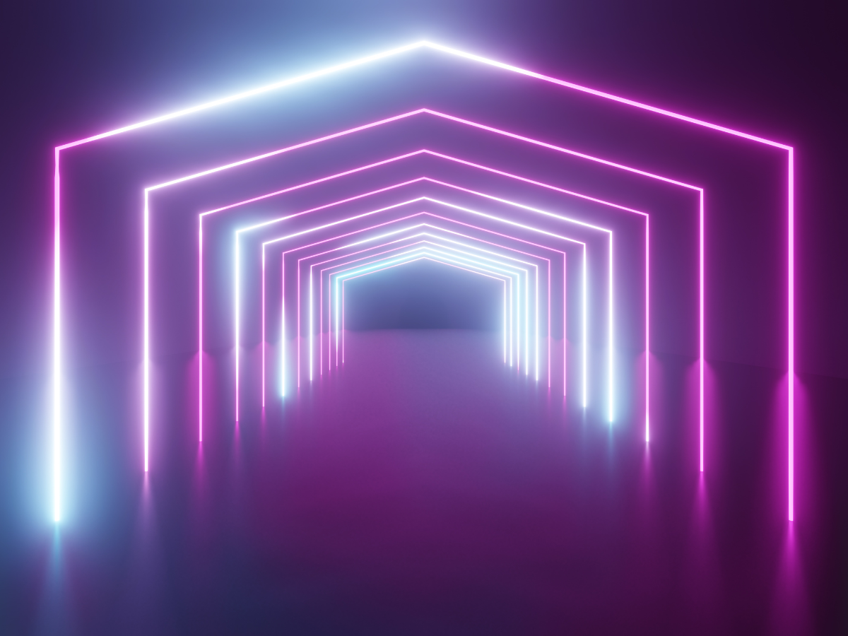 Neon-lit tunnel with glowing pink and blue geometric archways in a dark space