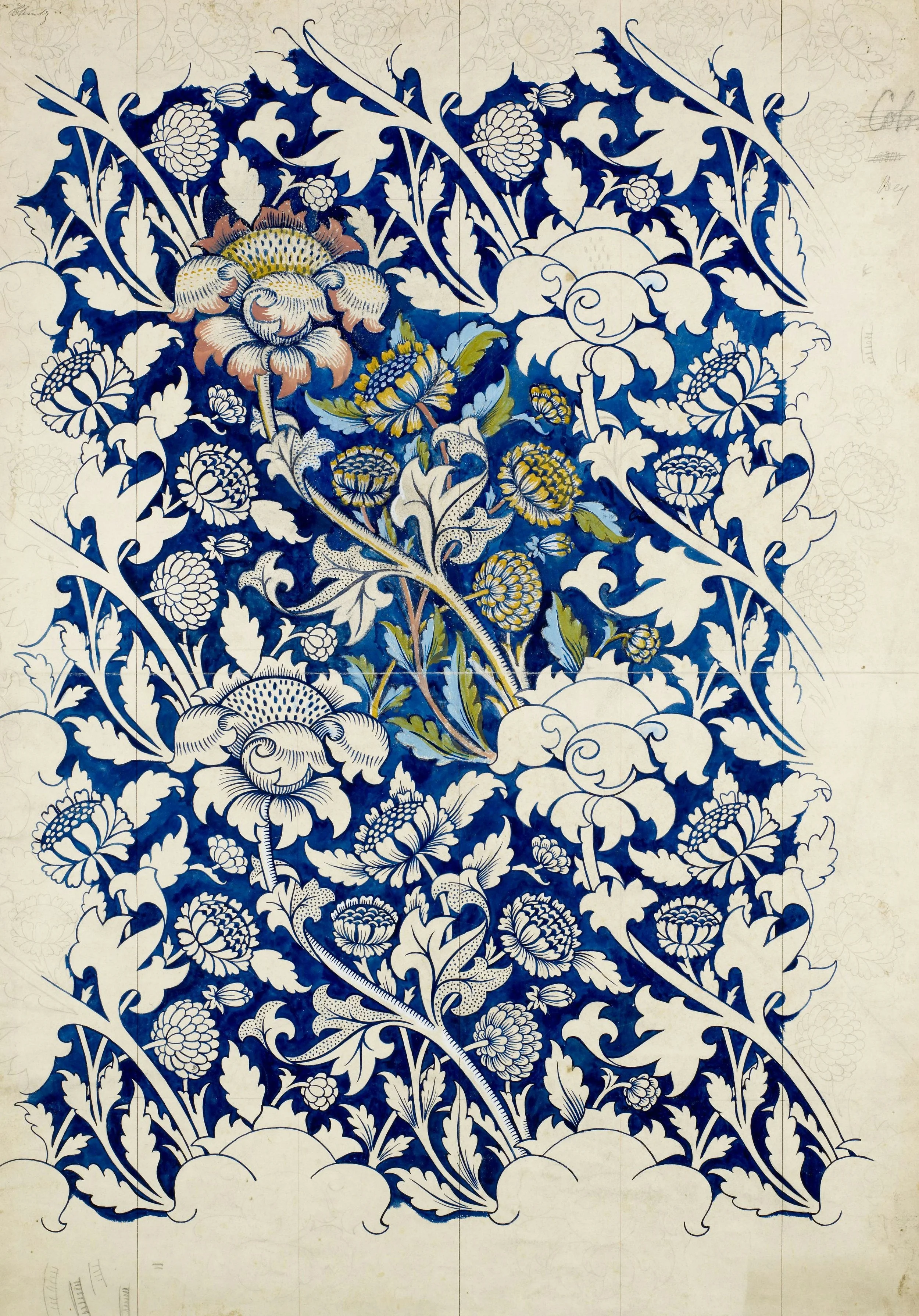 Detail of a blue and white floral pattern with large flowers, leaves, and swirling vines, created with fine lines and colored accents, resembling traditional decorative porcelain or textile designs.