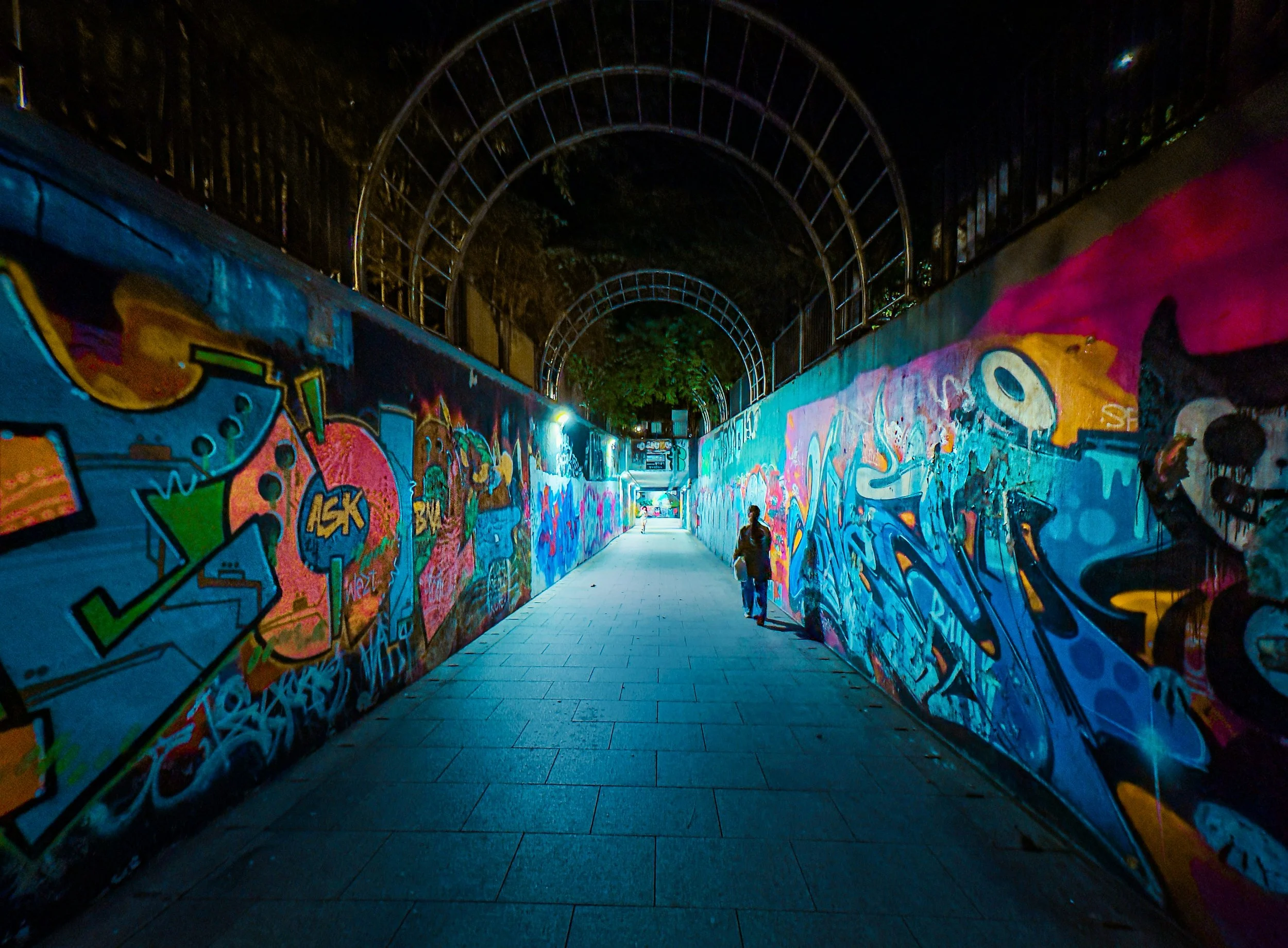A tunnel with colorful graffiti murals on both sides, illuminated by streetlights, with arched metal structures overhead and trees in the background.