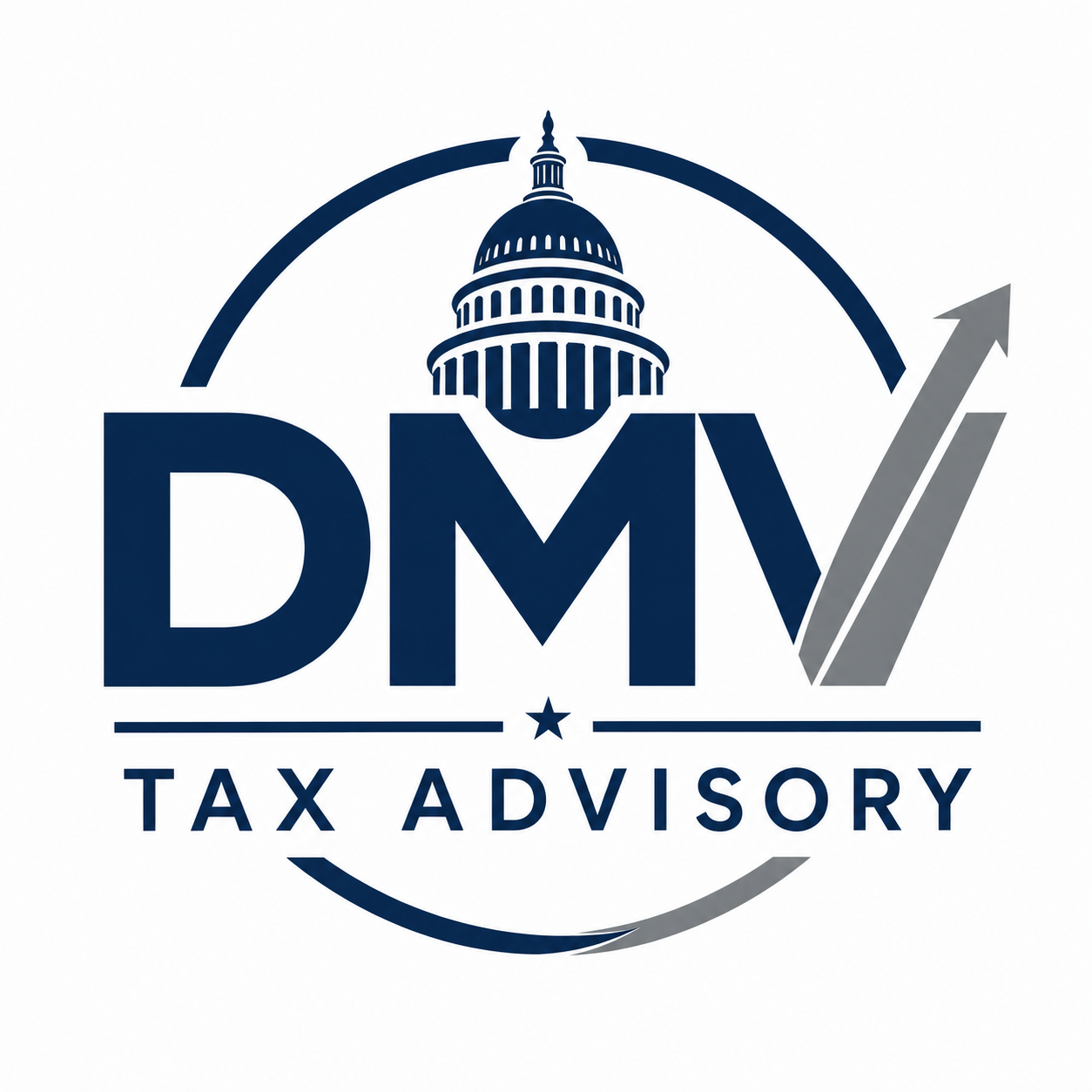 Logo for DMV Tax Advisory with a stylized U.S. Capitol building, large DMV initials, and an upward trending arrow.