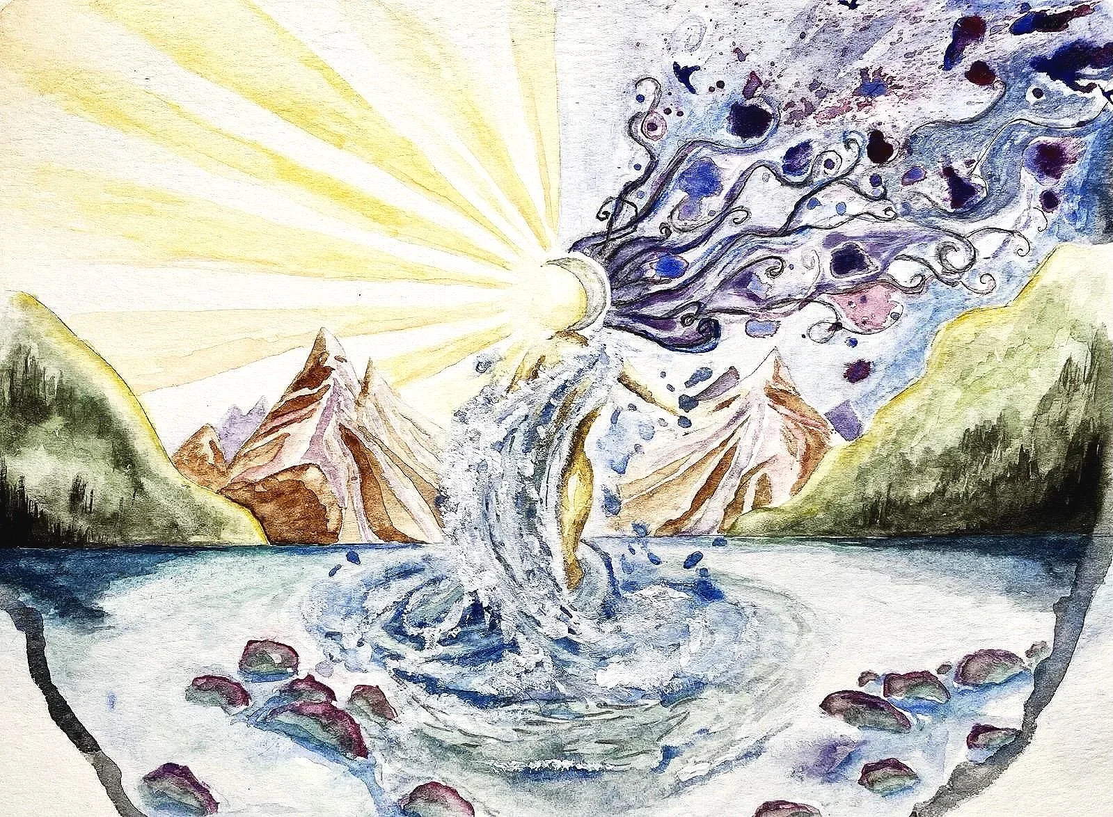 Watercolor painting by Julie Pack of mountains, a lake, and a bright sun with rays, with swirling dark clouds in the sky.