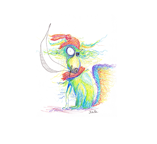 Colorful drawing by Julie Pack of a border collie rainbow pirate.