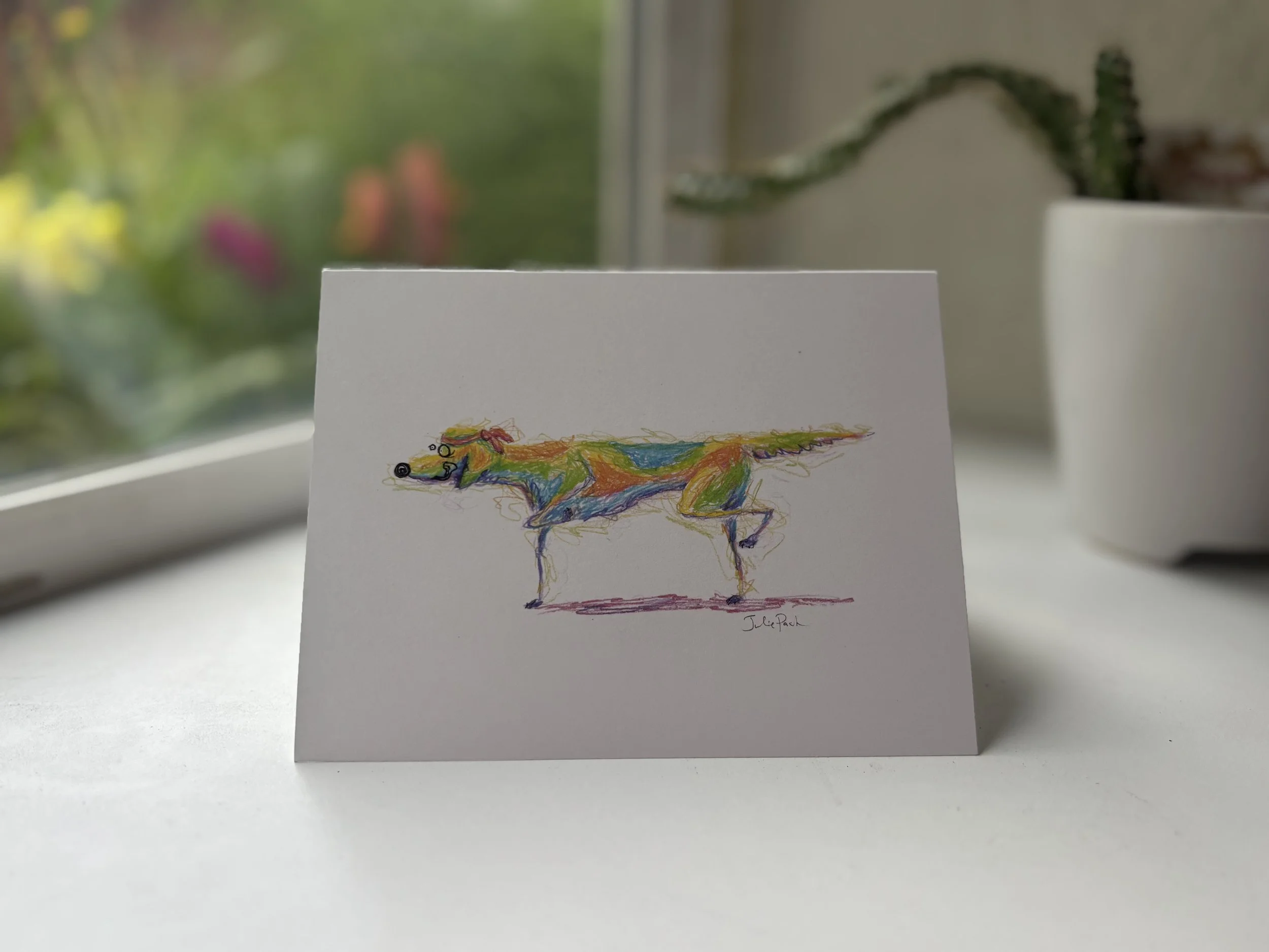 rainbow pointer dog greeting card