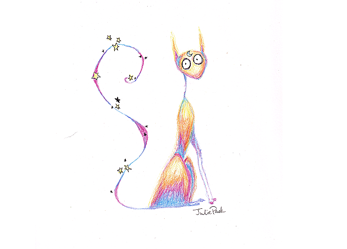 Colorful drawing by Julie Pack of a whimsical cat with large round eyes, tall ears, and a long tail decorated with stars and a swirling tail design, signed Julie Pack.