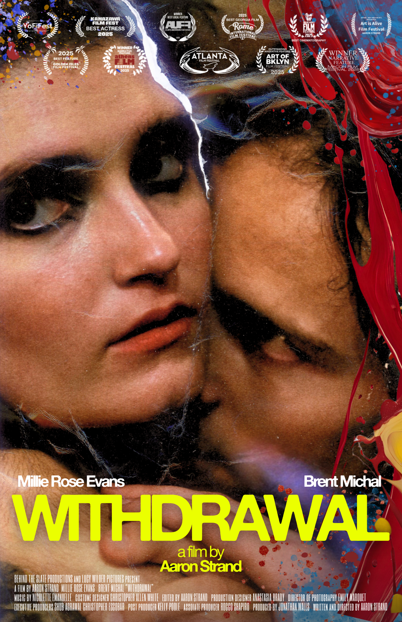 Close-up of two women with their faces touching, one with light skin and dark eyes and the other with darker skin and curly hair, surrounded by colorful paint splashes and text indicating awards and film festival recognitions.