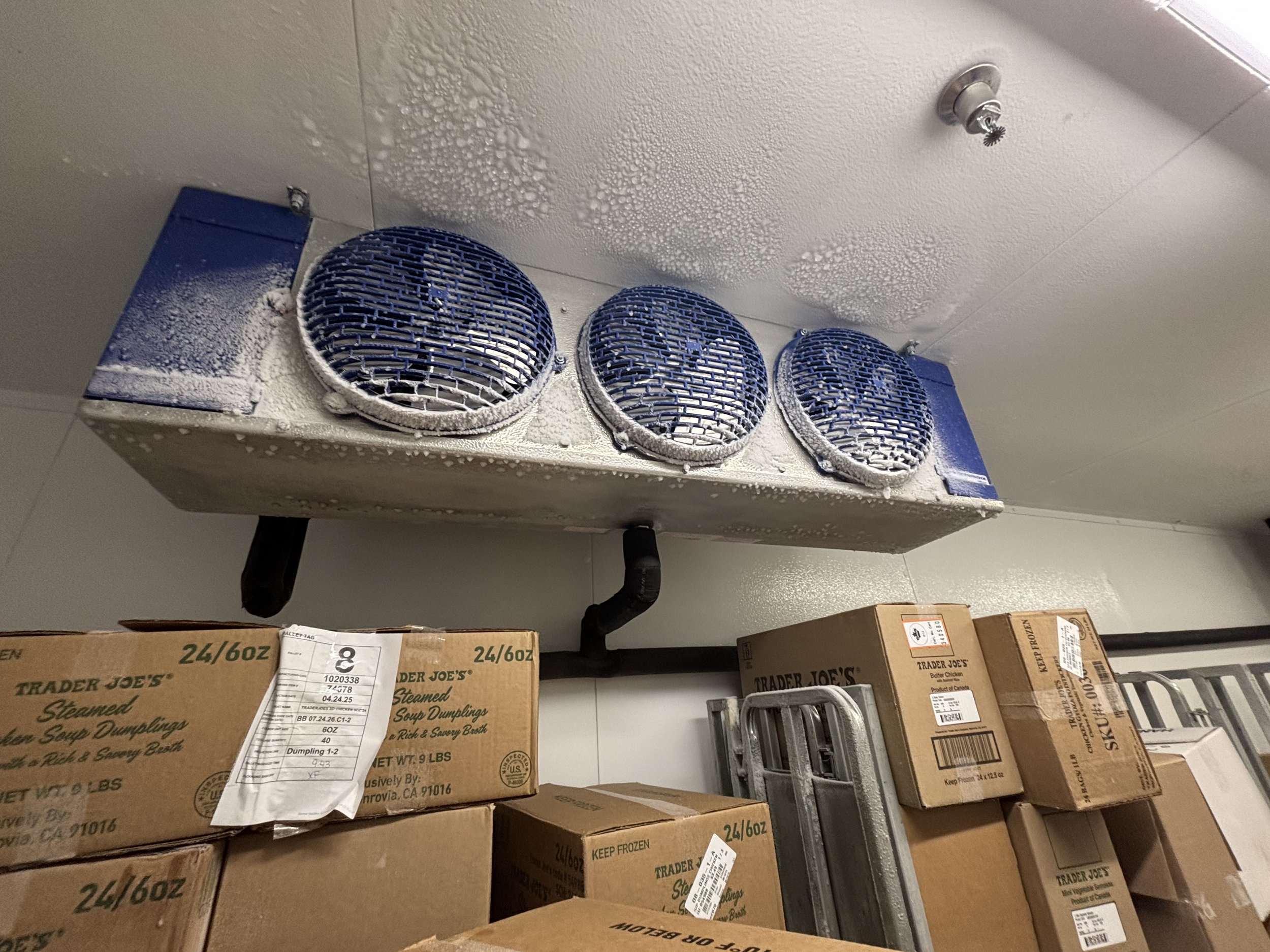 A storage room with shelves filled with boxes of Trader Joe's steamed chicken and dumplings. The ceiling has three round blue vents and an emergency spray nozzle. There are cardboard boxes and a shopping cart are visible beneath the shelves.