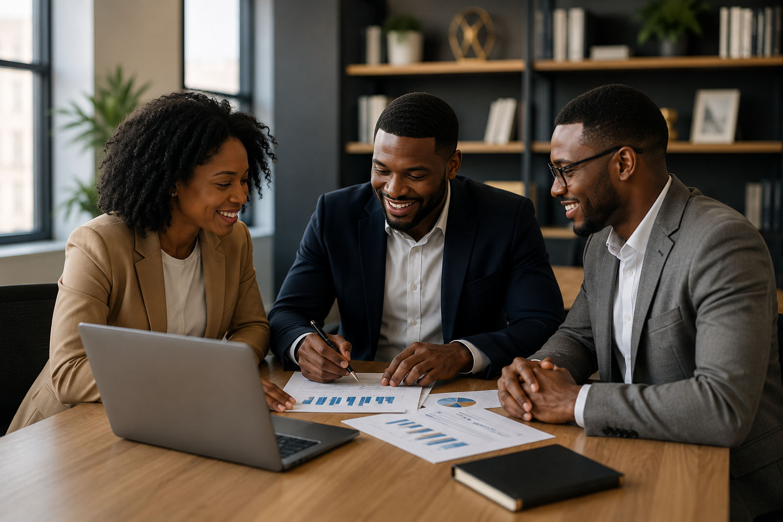 Three business professionals, two men and one woman, sitting at a table with documents and a laptop, smiling and discussing.