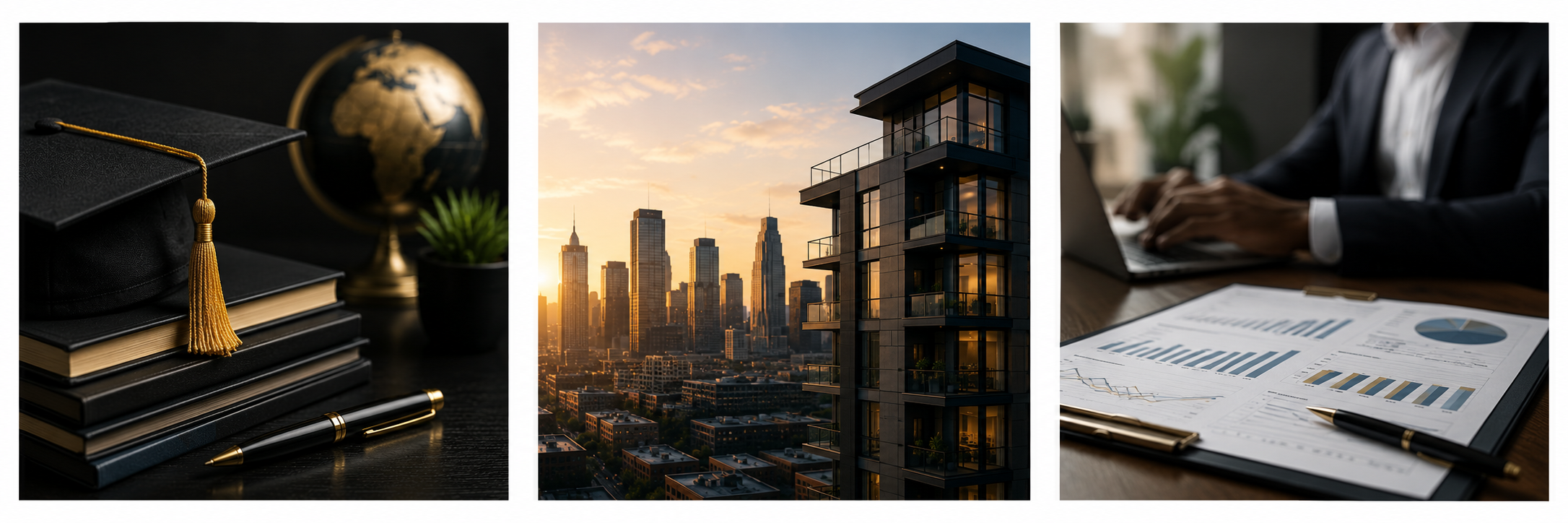 A collage of three images: a graduation cap, books, a globe, and a pen; a city skyline during sunset with tall buildings and a modern apartment building in the foreground; a person in a business suit working on a laptop with financial charts and a pen on a desk.