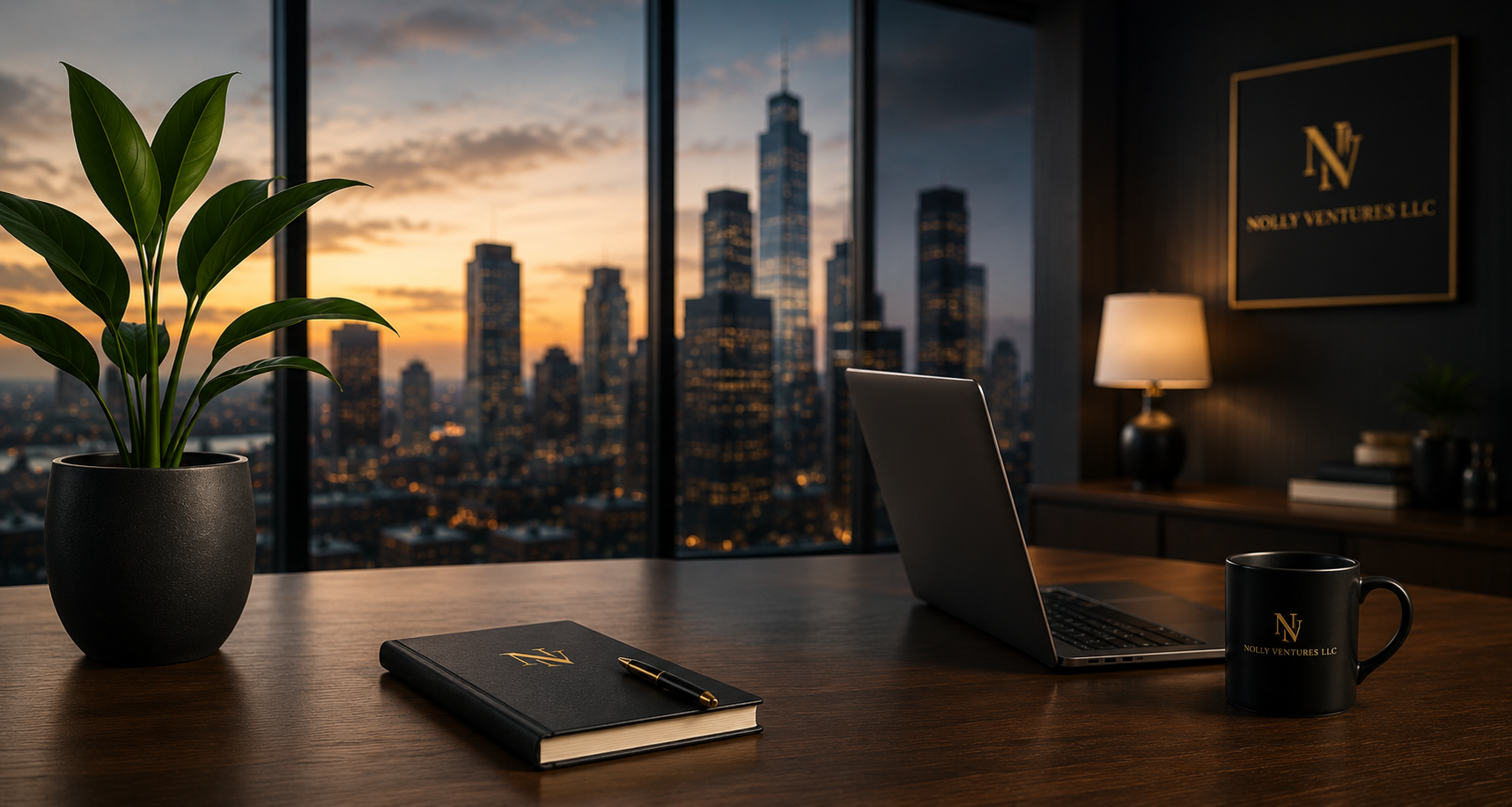 A modern office desk with a potted plant, closed notebook, and pen. In the background, a city skyline with tall buildings at sunset. A laptop and black mug with the logo 'Nolly Ventures LLC' are also on the desk, with a lamp and framed sign matching the logo on the wall.