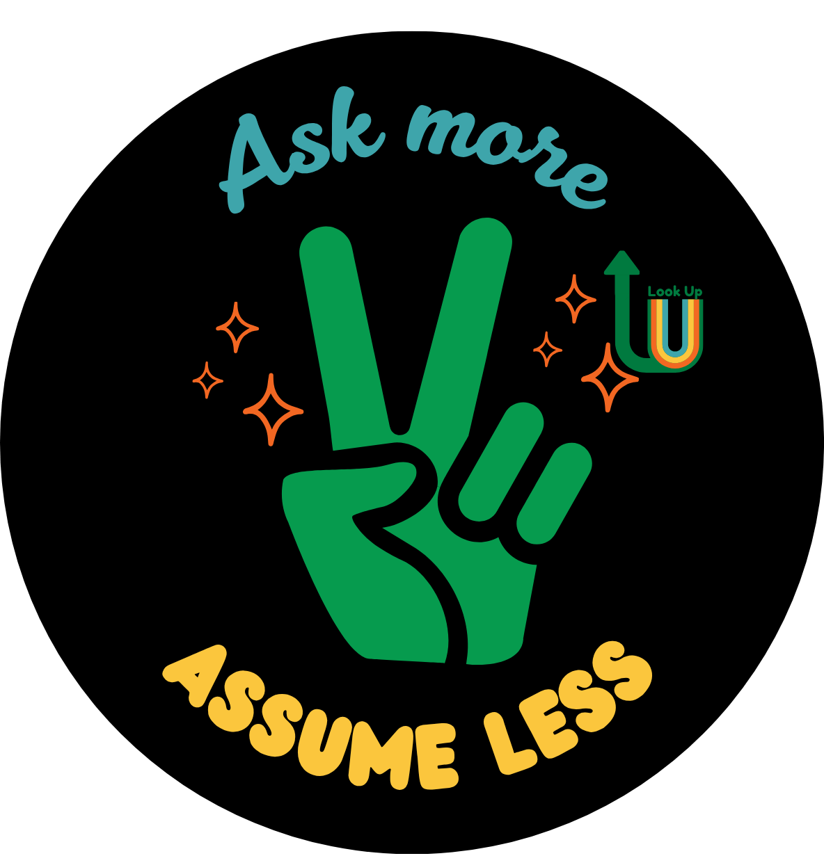 A graphic design featuring a green hand making a peace sign with the words 'Ask more' above and 'Assume Less' below. There are small orange stars around the hand and a colorful 'Look Up U' logo on the right side.