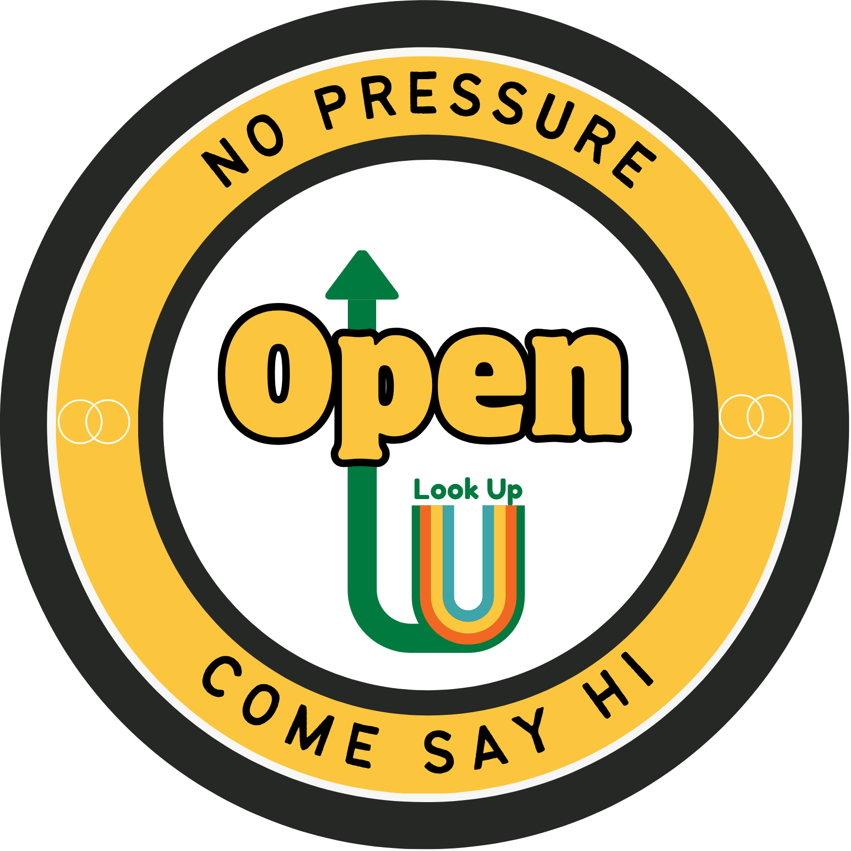 A circular sign with the words 'No Pressure' at the top and 'Come Say Hi' at the bottom. The center features the word 'Open' with a green upward arrow and colorful rainbow stripes below, and the phrase 'Look Up'.
