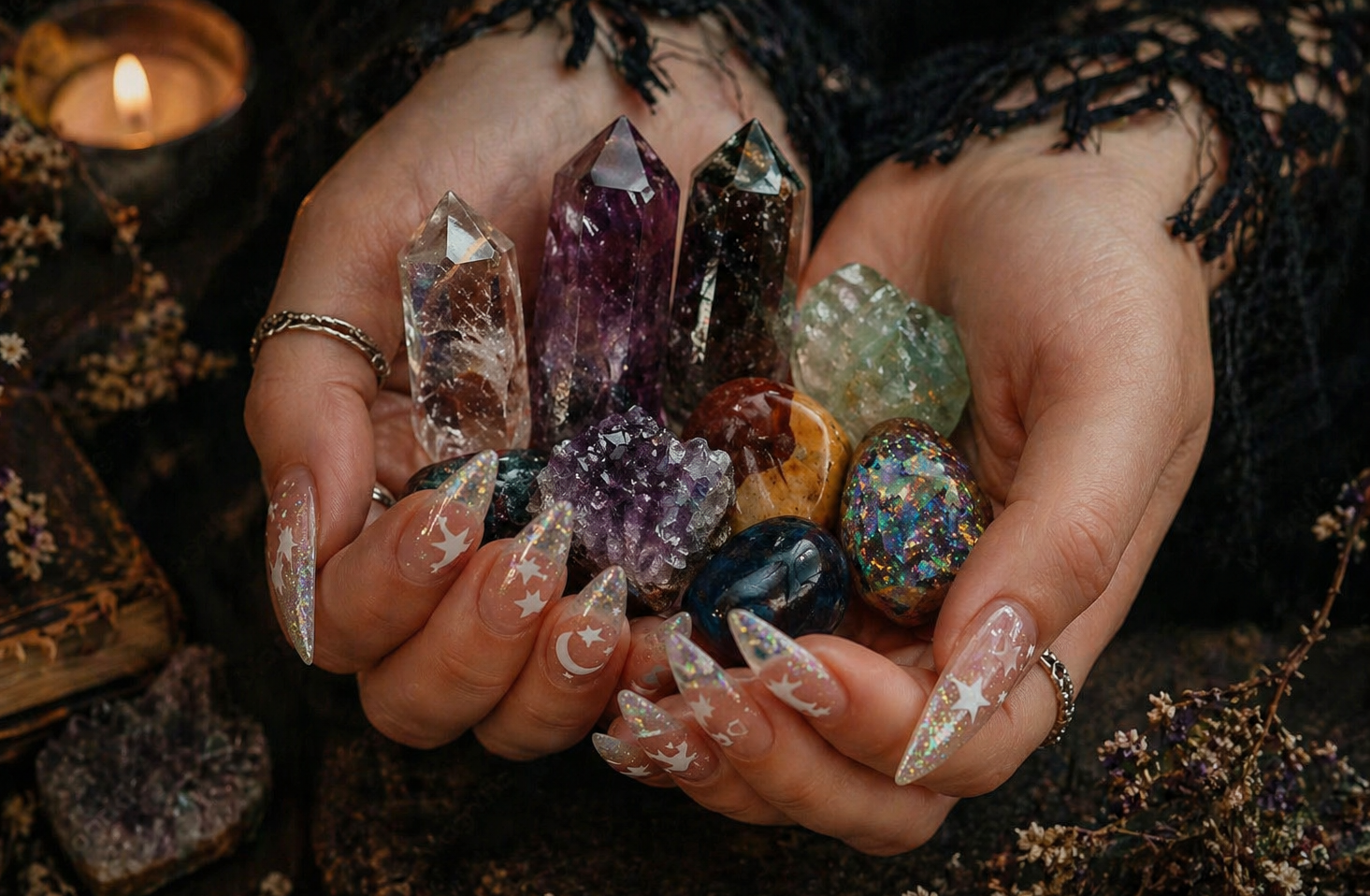 Fantasy Person's hands holding a collection of colorful crystals and gemstones, with long decorated nails featuring stars and moons, and rings on fingers, surrounded by dark fabric and small dried flowers. Copyright Image - Owned by The Waratah Witch