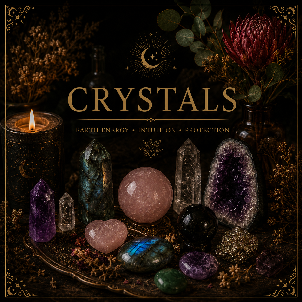 A display of various crystals and gemstones, including amethyst, rose quartz, black onyx, and geodes, arranged on an ornate tray with decorative dried flowers and a lit candle, set against a dark background with celestial-themed graphics and gold accents.