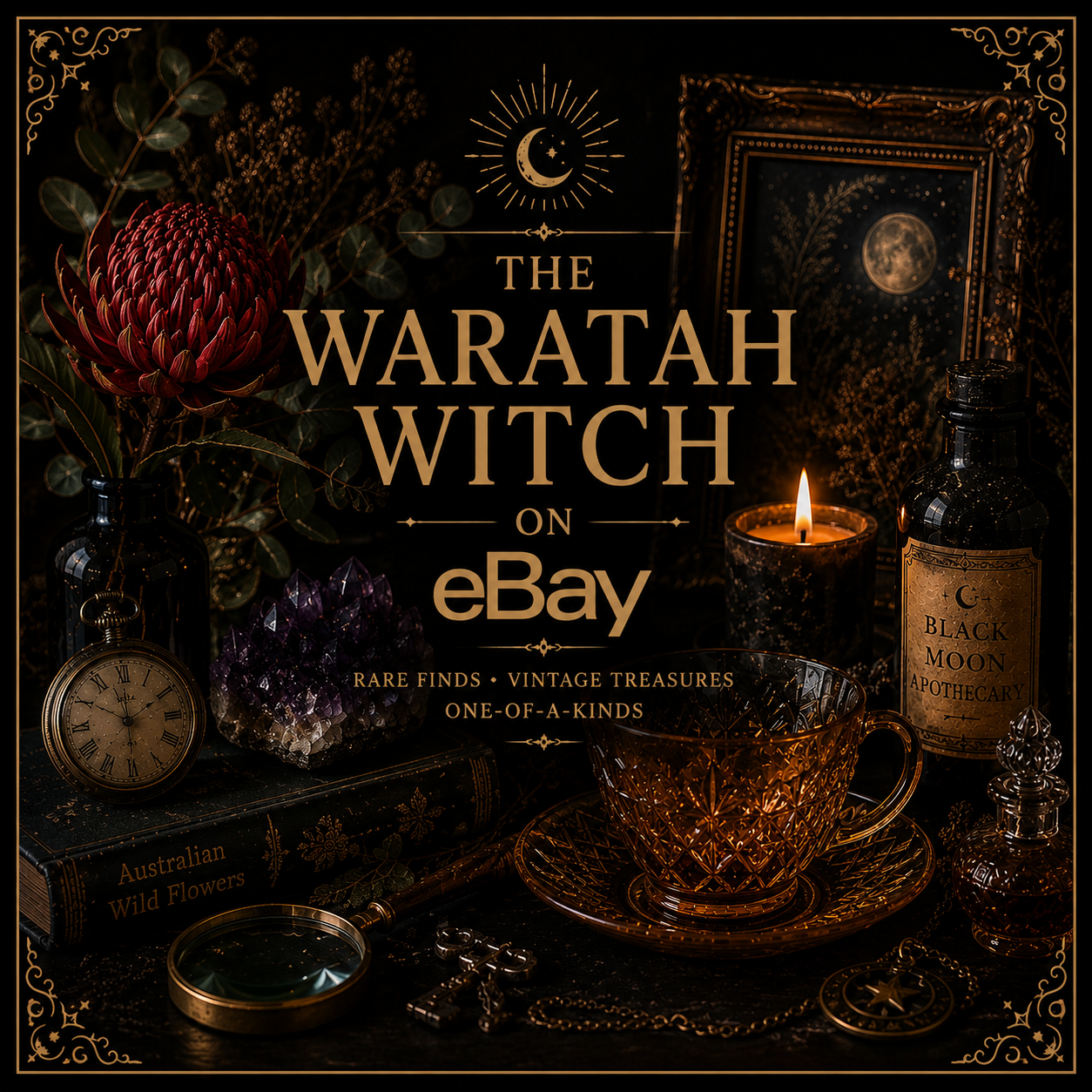 Dark-toned advertisement for The Waratah Witch on eBay, featuring mystical objects including a red waratah flower, a vintage pocket watch, a lit candle, a black moon apothecary bottle, a purple crystal, an old book titled 'Australian Wild Flowers,' a glass teacup with a saucer, and decorative items with gold accents, moon, and stars.