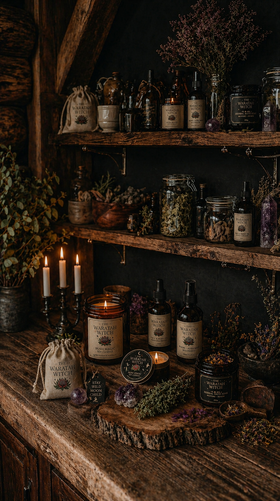 A fantasy rustic wooden shelf and table with various herbal products, candles, dried flowers, and glass jars, set against a dark background with a candleholder and purple crystals for ambiance. Copyright Image - Owned by The Waratah Witch