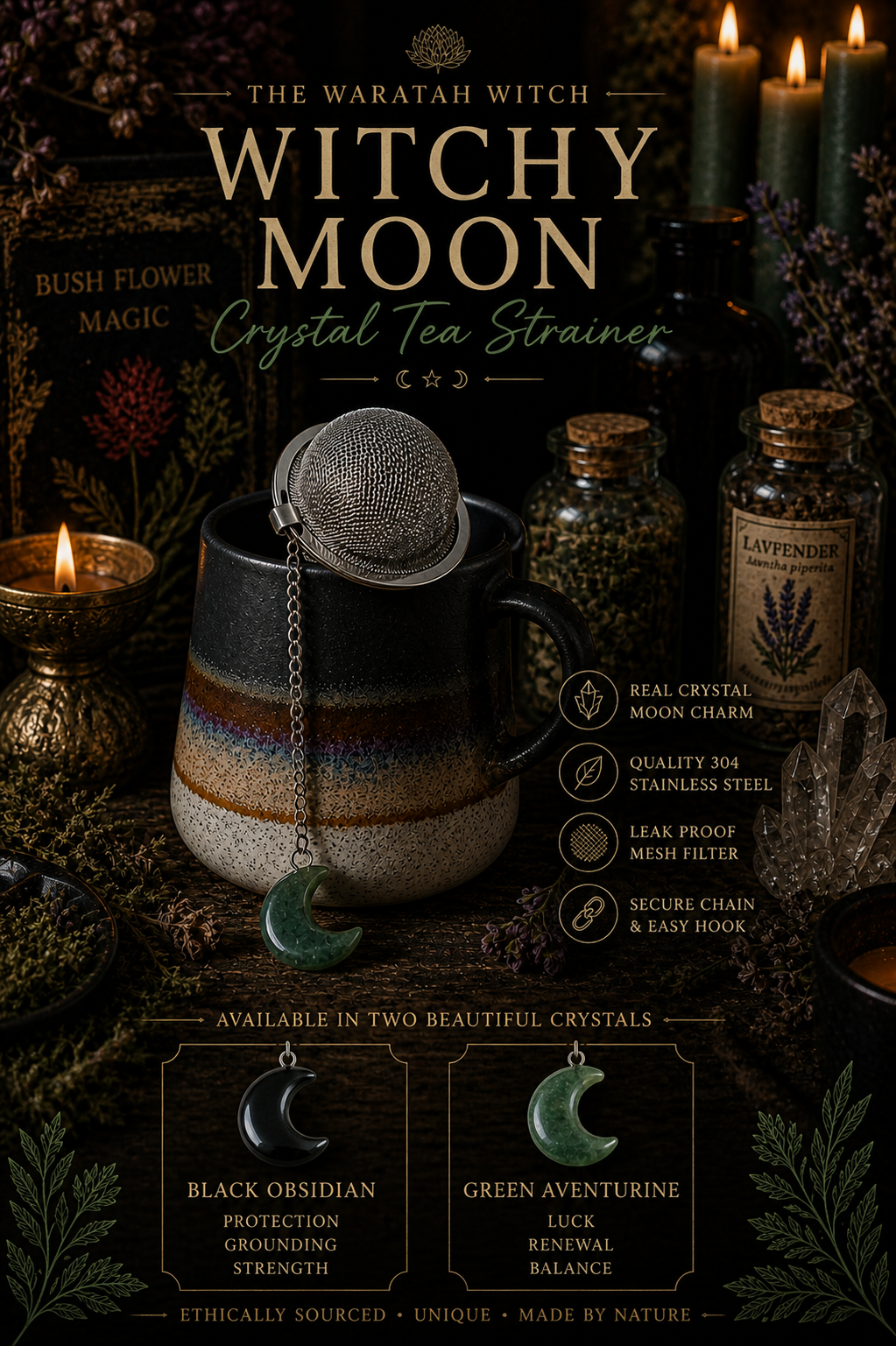 TWW Witchy Moon Tea Strainer Poster. Copyright Image owned and created by the Waratah Witch 2026.png