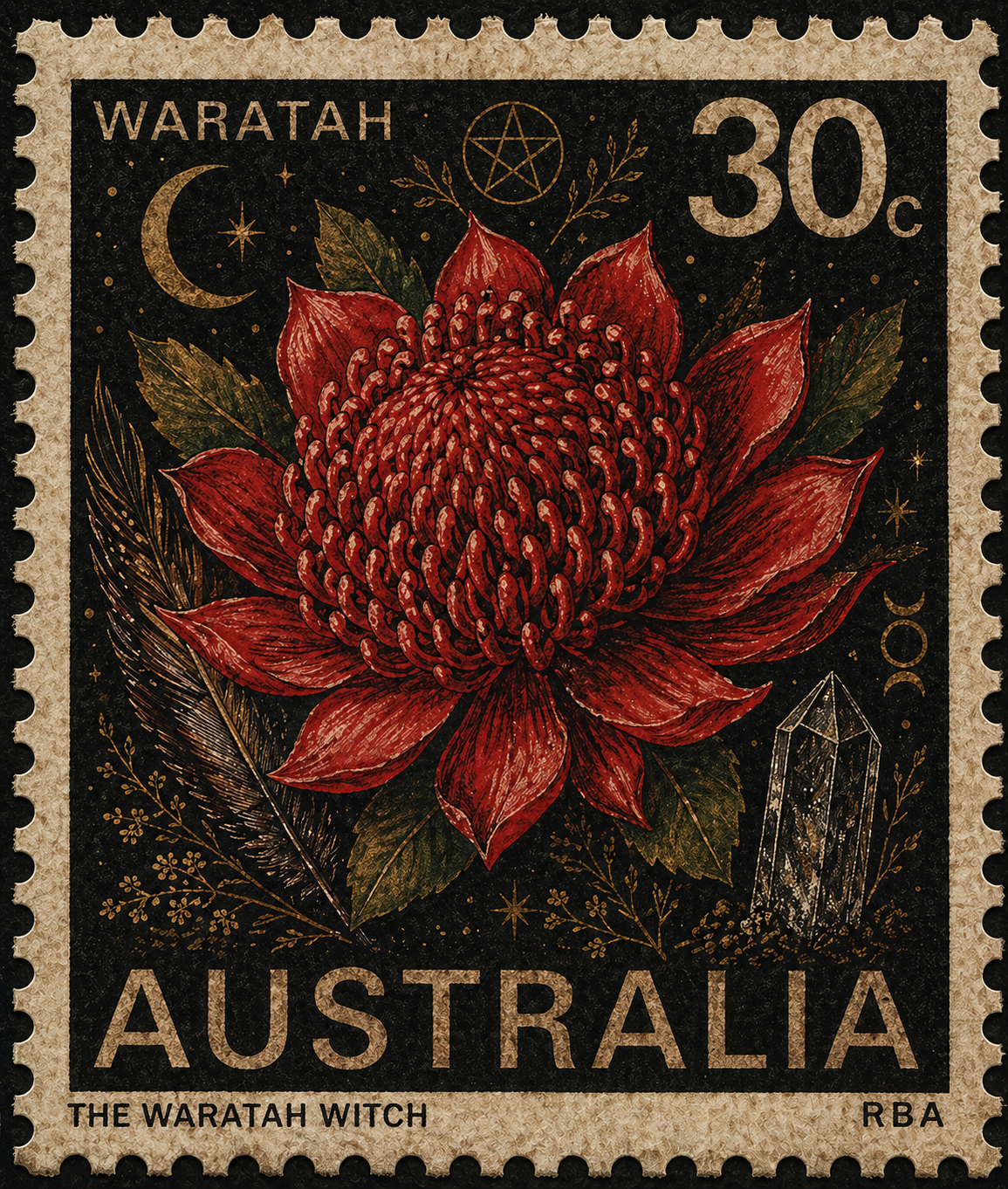 Fantasy postage stamp featuring a dark background with a large red flower, green leaves, and mystical symbols like a crescent moon, stars, a pentagram, and crystal formations, Copyright Image - Copyright Image - Owned by The Waratah Witch