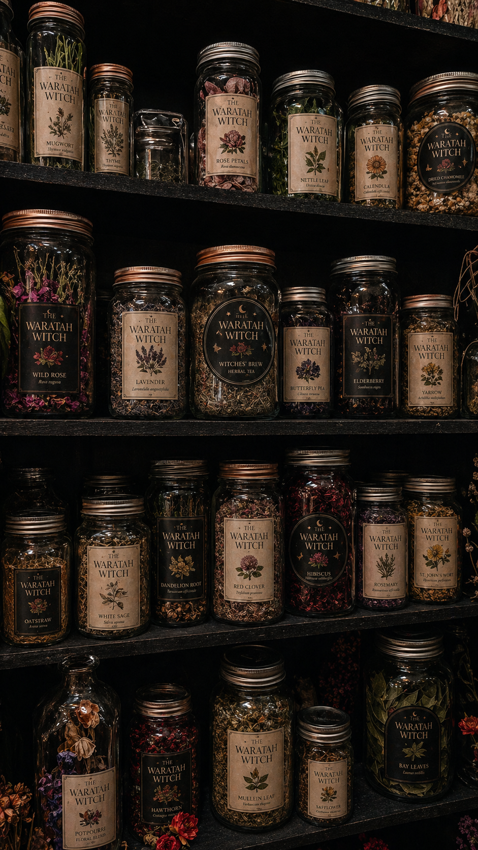 Several shelves filled with glass jars containing various dried herbs and flowers, labeled with botanical names and the brand 'The Waratah Witch.'
