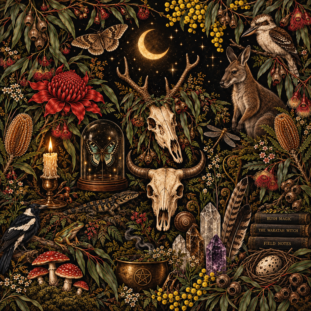 Step in to our little corner of The Waratah Witch visual world — where Australian native flora, curious creatures and old-world witchery meet. Waratahs, eucalyptus, wattle and banksias weave through wallabies, kookaburras, magpies, crystals, bones, f
