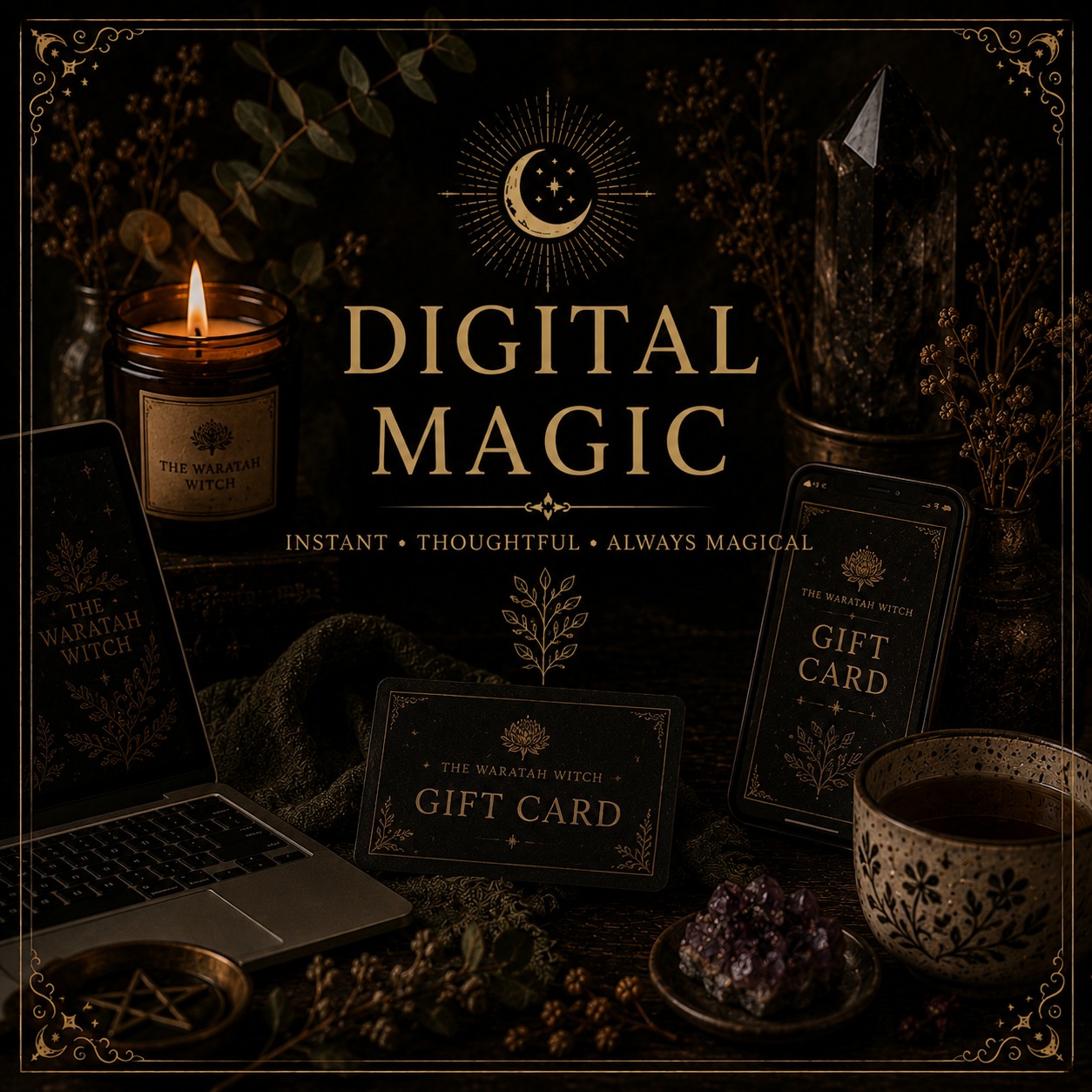Dark decorative scene with candles, cards, a laptop, a cup of tea, and crystals, themed around digital magic and witchcraft.