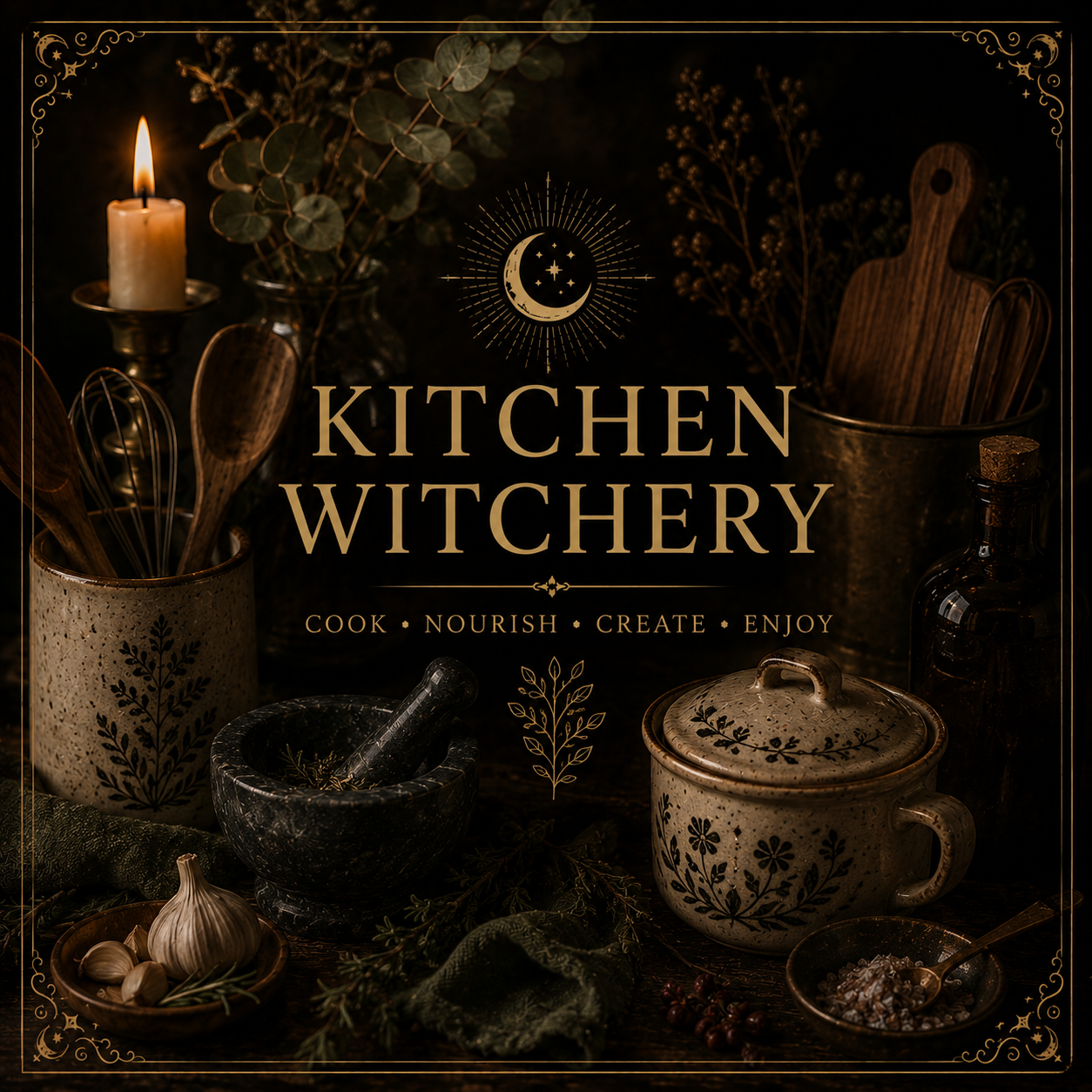 A dark, rustic kitchen scene with candles, herbs, garlic, and kitchen utensils arranged around a sign that reads 'Kitchen Witchery,' emphasizing cooking, nourishing, creating, and enjoying.