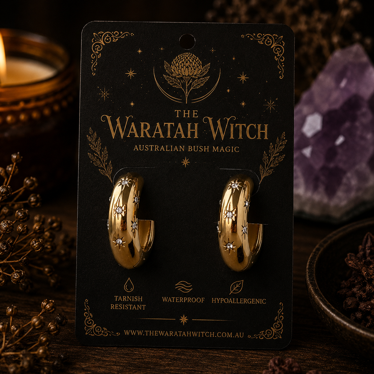 Tarnish Resistant Glimmer Huggies Display image- Gold. Made by Flax Barn. Sold by the Waratah Witch. Copyright.jpg