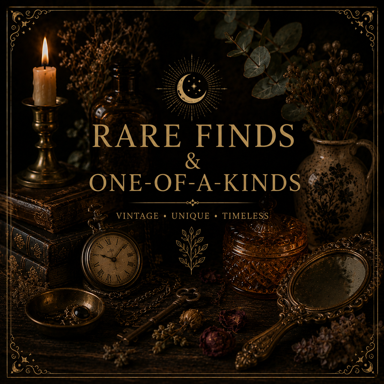 Vintage still life with candle, pocket watch, mirror, key, dried flowers, glass jars, books, and decorative elements, with gold ornate border and typography that reads 'Rare Finds & One-Of-A-Kinds'.