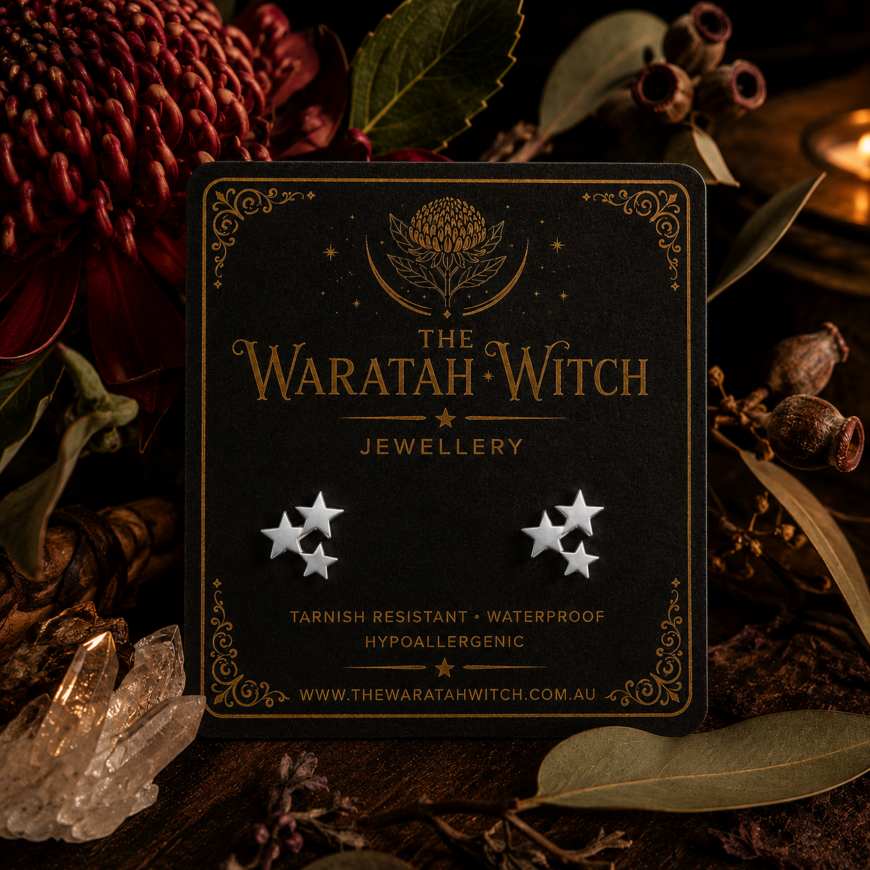 Star Stud Silver Cluster Waratah Witch Display photo Earrings Made by Flax Barn..png