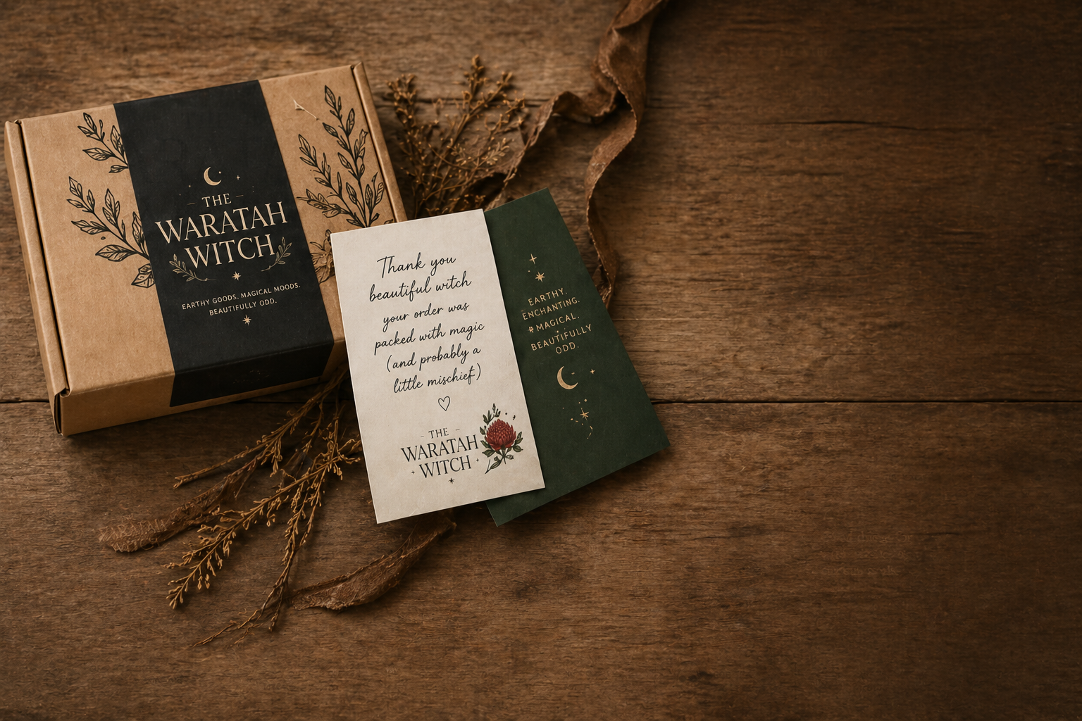 A cardboard box labeled 'The Waratah Witch' with black and brown design, a card with a thank you note, and a green card with moon and star illustrations, all arranged on a wooden surface with dried branches and a piece of brown fabric.