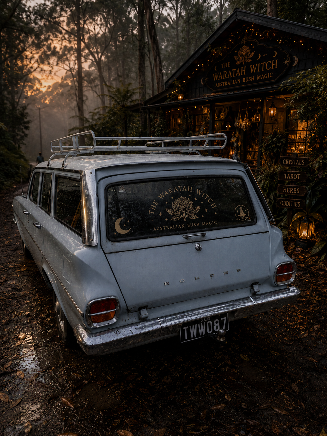 An old EJ HOLDEN car parked in front of a wellness shop with a sign that reads "The Warah Witch, Australian Bush Magic." The shop has fairy lights, and signs indicating crystals, tarot, herbs, and oddities. The setting is in a wooded area at sunset