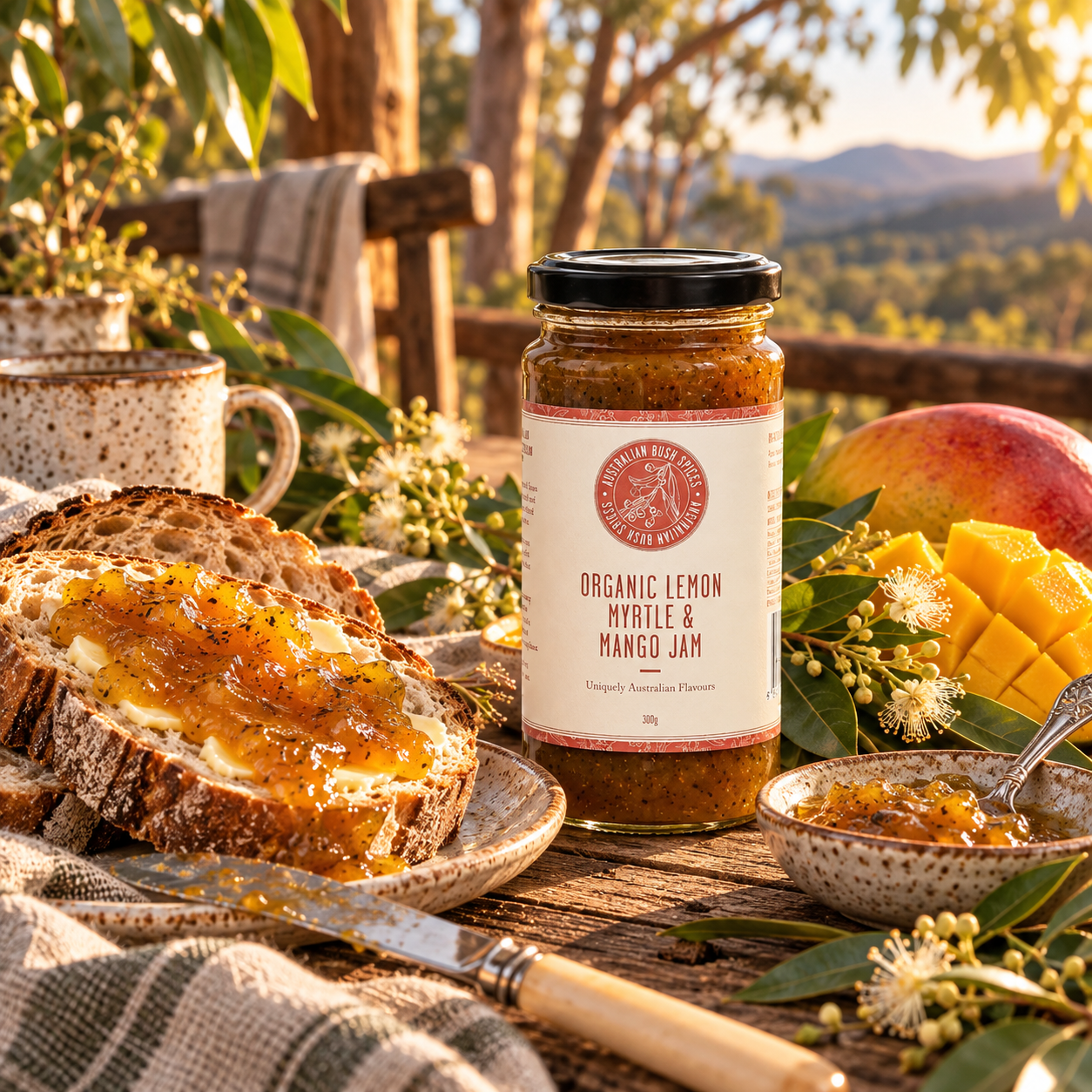 LMM Jam Display - Australian Bush Spices. Image composition created by using digital and AI-assisted creative tools. © TWW.png